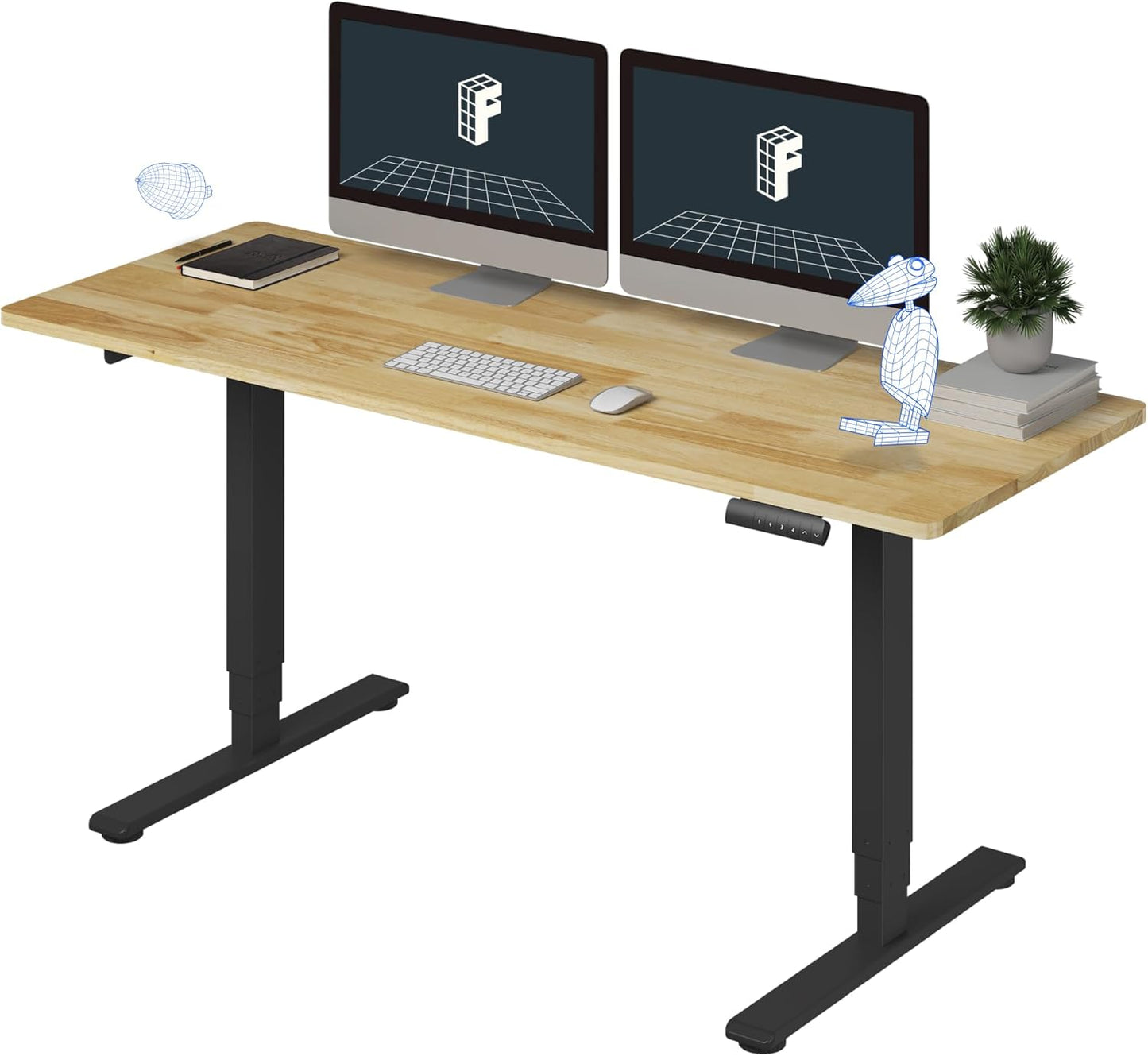 FLEXISPOT E6 Essential Solid Rubber Wood 3 Stages Dual Motor 63x24 Inch Electric Height Adjustable Standing Whole-Piece Board Desk Sit Stand Up Desk (Black Frame + Solid Wood Desktop)