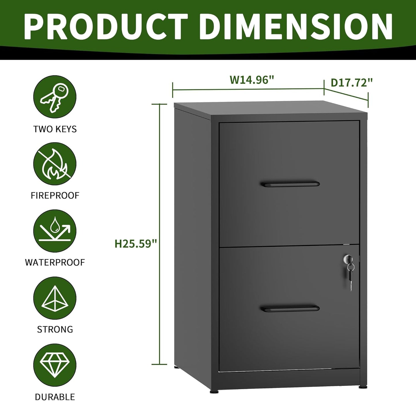 2 Drawer File Cabinet with Lock, Steel Vertical Filing Cabinets for Home Office, Small Metal Storage Cabinet for Hanging Letter Size Files Folders, Assembly Required(Black)