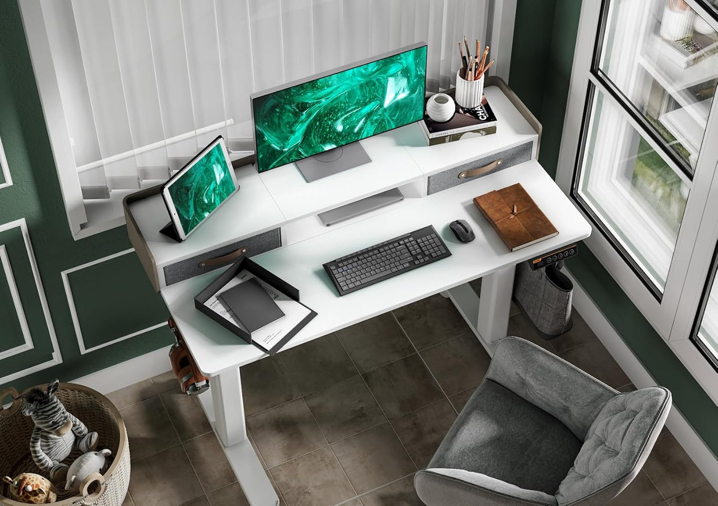 Claiks Standing Desk with Drawers, Stand Up Electric Standing Desk Adjustable Height with Storage Shelf and Splice Board, 55 Inch, White