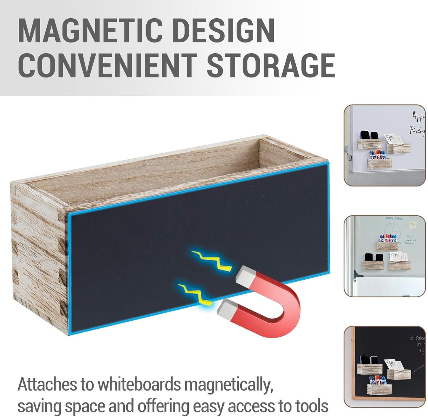 MyGift Rustic Torched Wood Magnetic Dry Erase Marker Holder for Whiteboard Accessories Organizer Bins, Set of 3