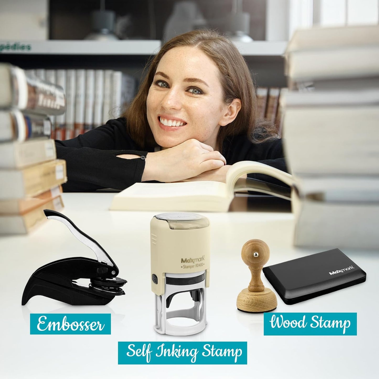 Custom Library Embosser - Style 103 - Embosser, Wood Stamp or Self Inking Stamp - Book Embosser Includes 50 Gold Seals - Custom Stamp Seal from The Library of