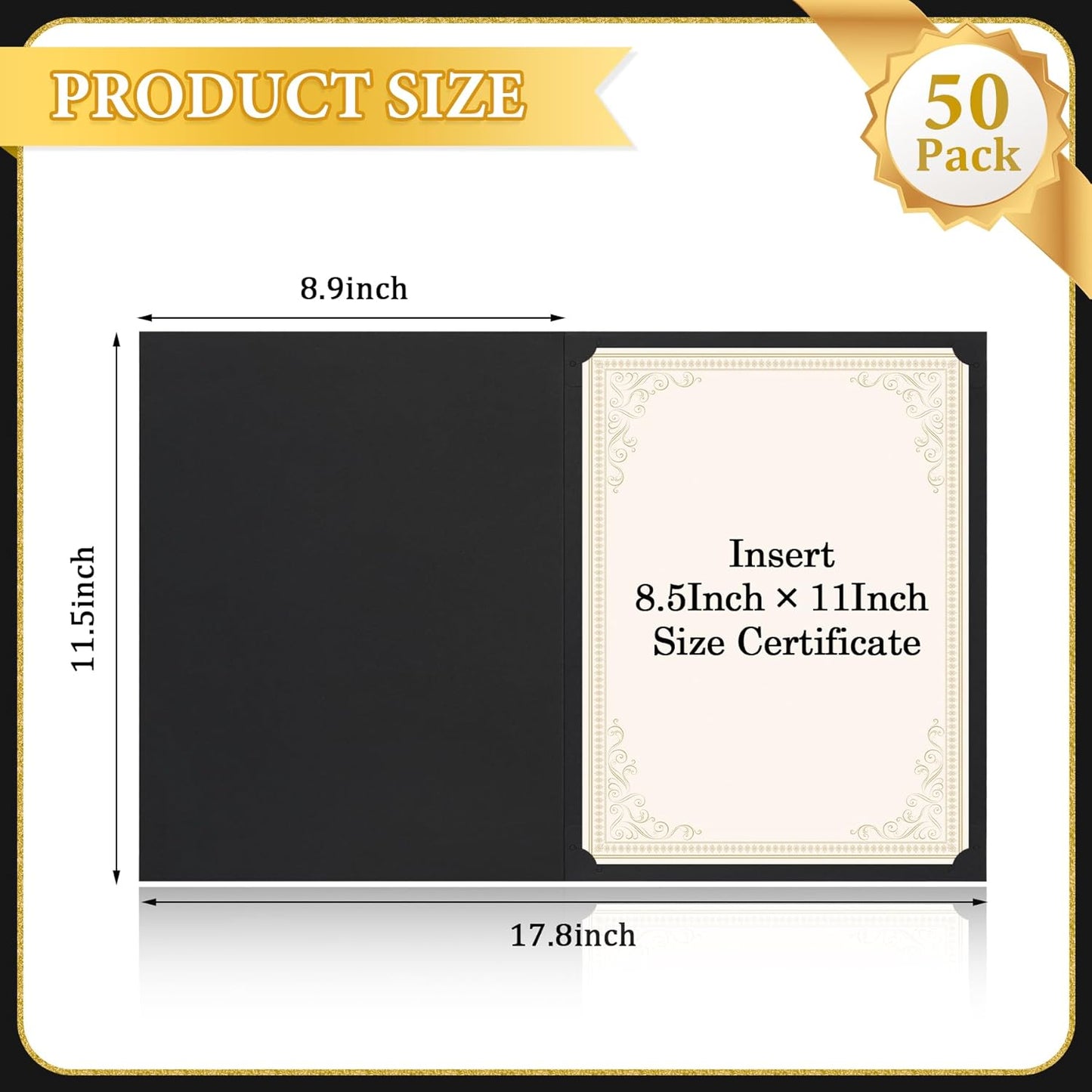 Ndsox 50 Packs Black Certificate Holders, Graduation Diploma Holders, 350GSM, Diploma Covers with Gold Foil Border for Letter Size 8.5" x 11" Award Certificate Paper, Cardstocks and Documents