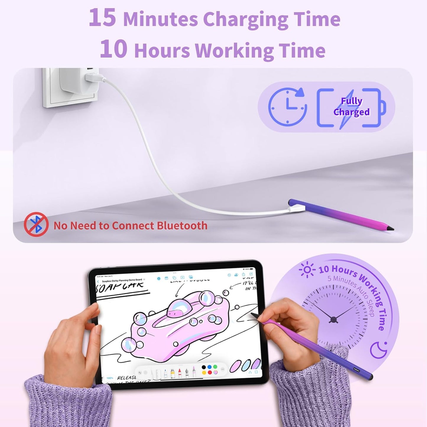 Stylus Pen for iOS&Android Touch Screens, Active Pencil for Samsung, Smart Digital Stylus Pens for Lenovo/Huawei/Vivo/Mi Tablets, iPhone/Google Pixel Smart Phones Drawing&Writing (Purple Rose Red)