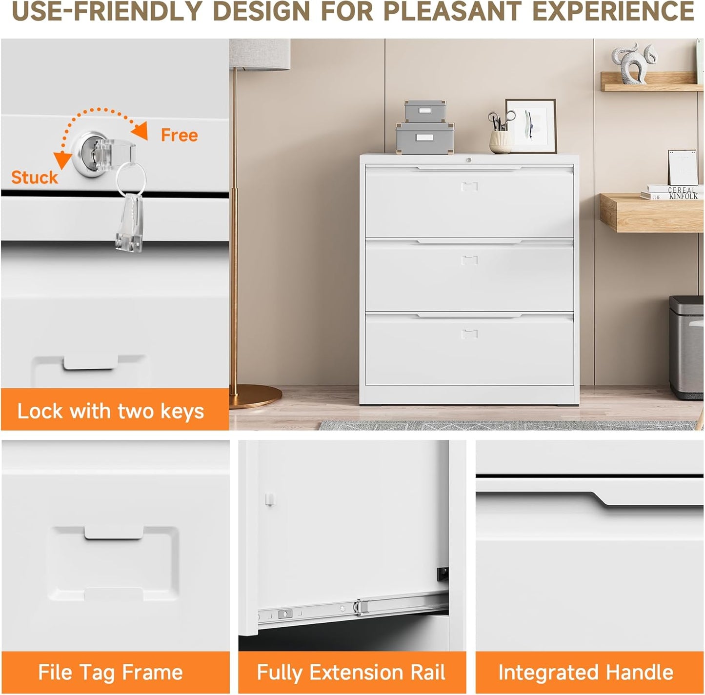 Lateral File Cabinet, 3 Drawer Lateral File Cabinet with Lock, Lockable Metal File Cabinet for Home Office, File Cabinet for Letter/Legal/F4/A4 Size (White, 3 Drawer)