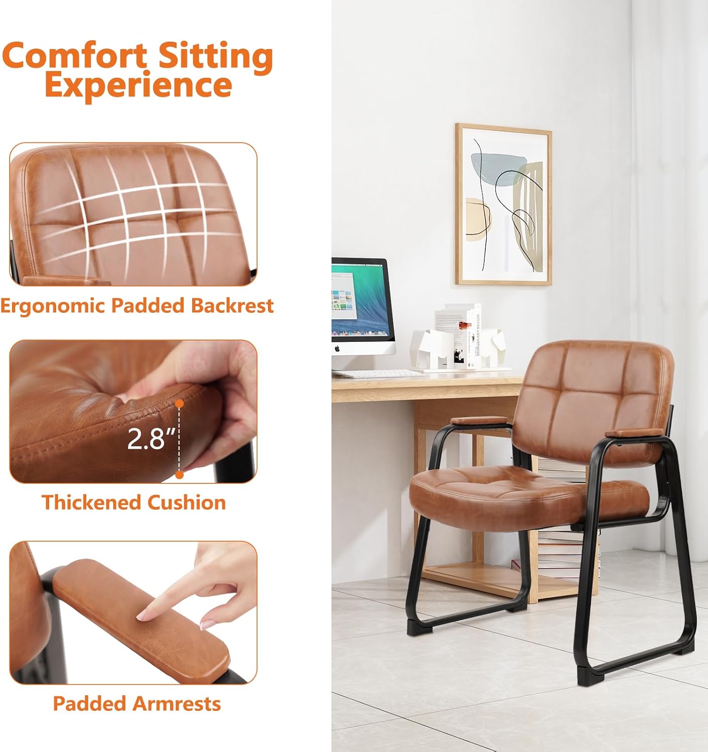 CLATINA Big & Tall 500 lbs Waiting Room Chairs with Padded Armrests and Sled Base, Leather Stationary No Wheels Office Guest Chair for Reception Lobby Home and Meeting Conference, Brown (8 Pack)