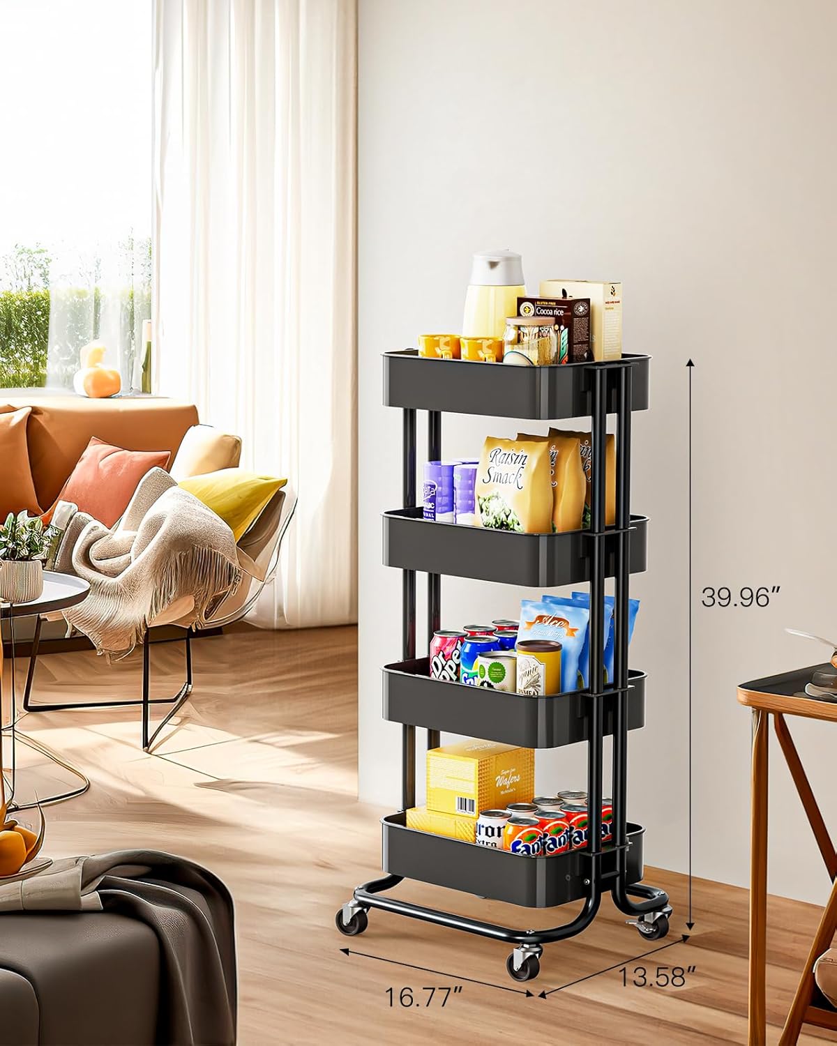 Pipishell 4 Tier Metal Rolling Utility Cart, Heavy-Duty Storage Rolling Cart with 2 Lockable Wheels, Multifunctional Mesh Organization Utility Cart for Kitchen Dining Room Living Room, PIUC13B