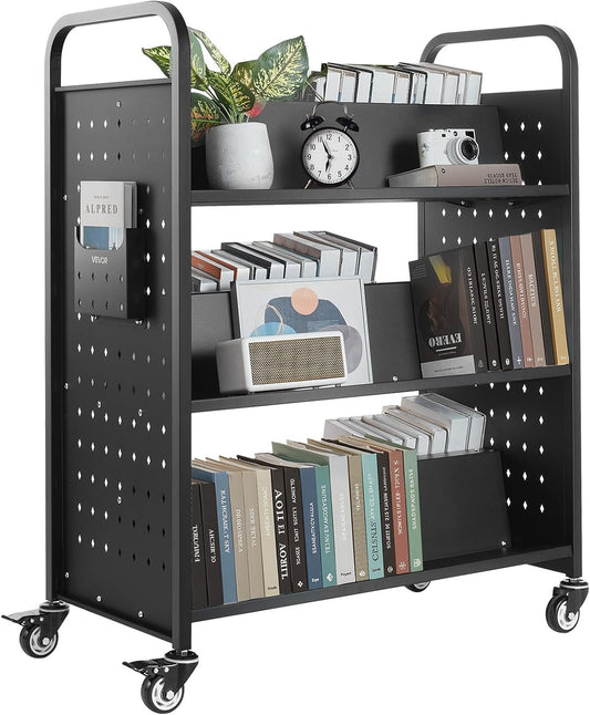 VEVOR Rolling Library Book Cart, 330 lbs Capacity, 38.2 x 20.3 x 48.2-Inch Library Cart, Double Sided W-Shaped Shelves with 3-Inch Lockable Wheels, Book Truck for Home Shelves Office and School, Black
