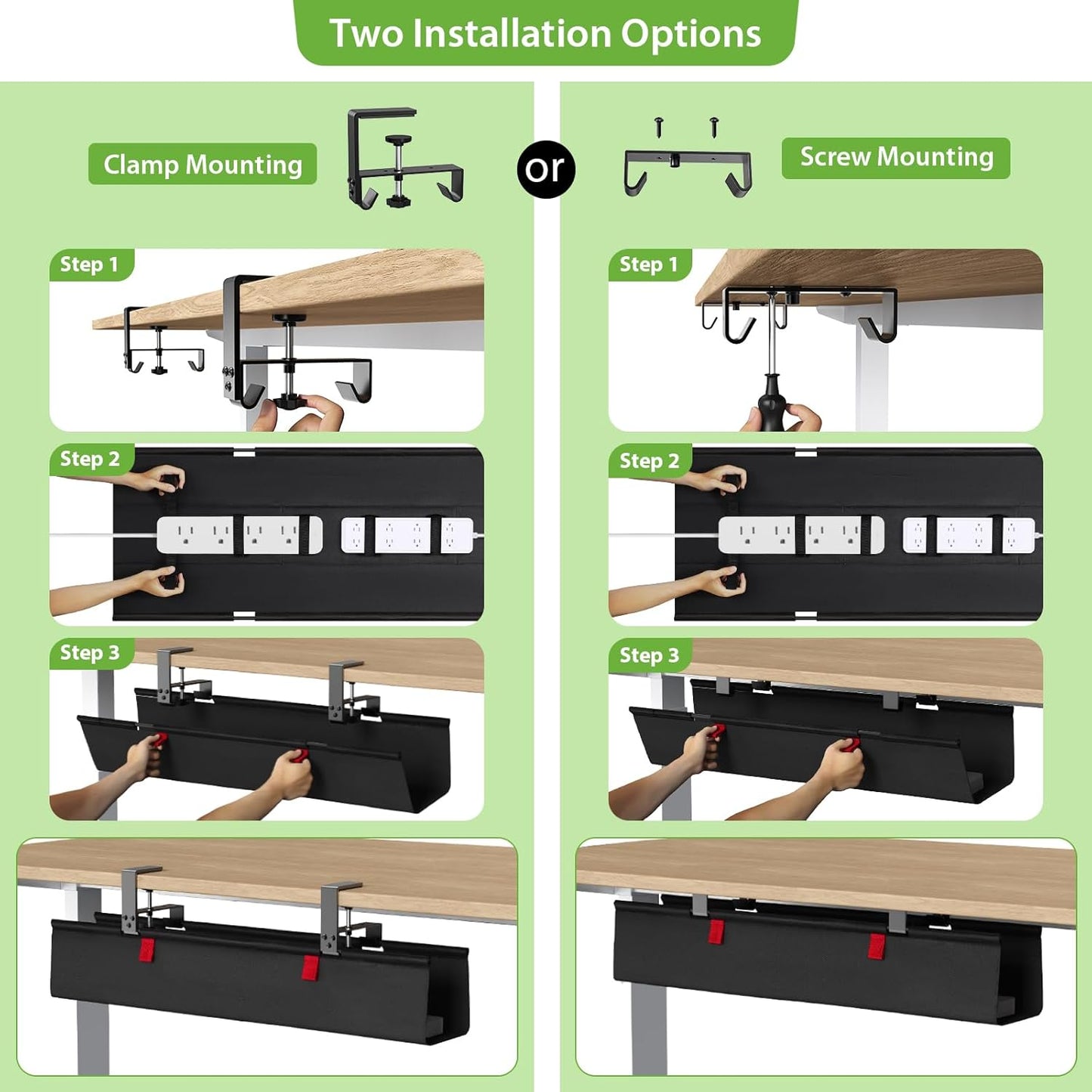 KEEGH No Drill Under Desk Cable Management Tray - 28" Cord Management Under Desk - Clamp/Screw Mount - Support Upto 70lbs - Fabric Wire Management - Gaming/PC Cable Tray Cord Hiders for Office/Home