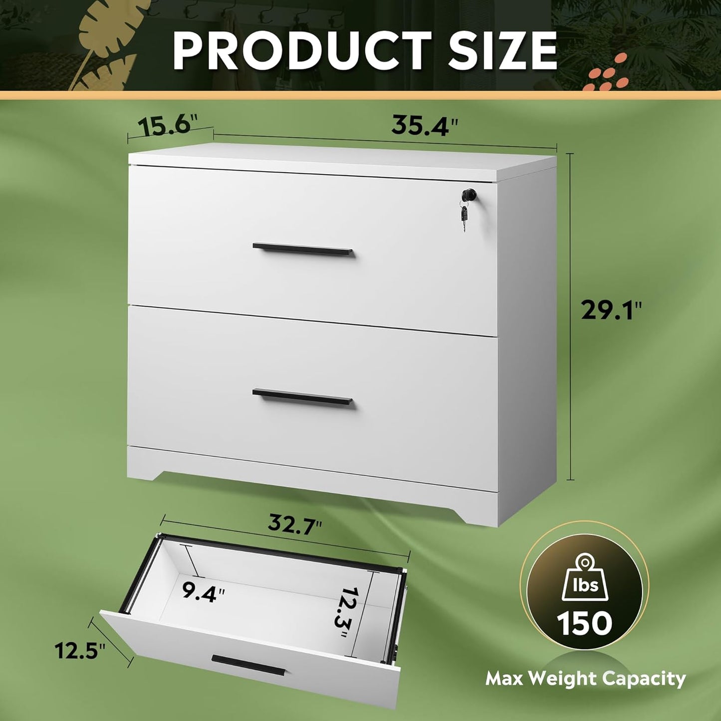 DEVAISE 2-Drawer Wood Lateral File Cabinet with Lock for Home Office, White