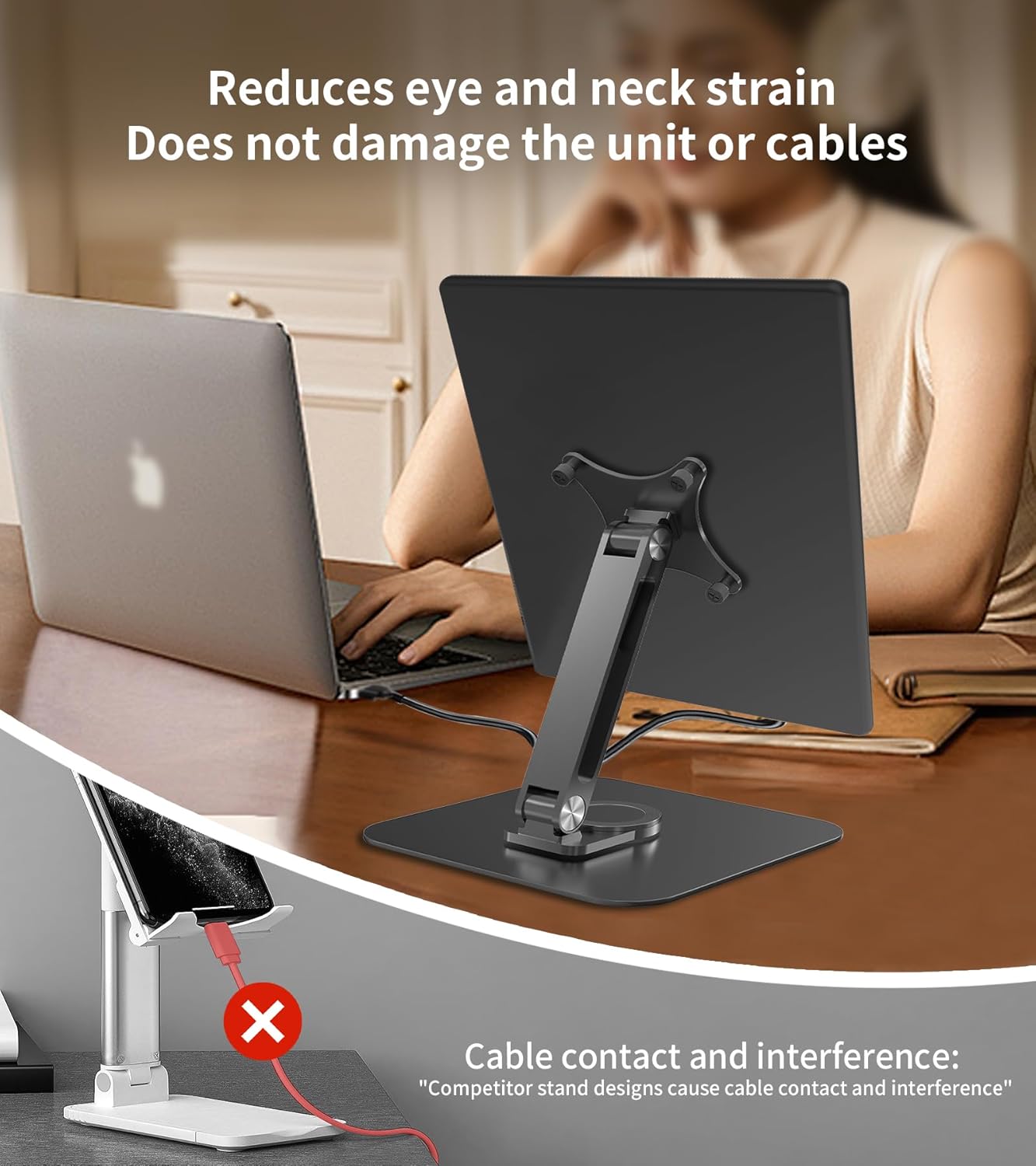 13-17.3" Monitor Stand with 360° Swivel Base, 75mm VESA Single-Arm Mount w/ M4 Screws for Portable Monitor, Adjustable Angle & Tilt & Rotation - Touchscreen Desktop Display Stand (Black)