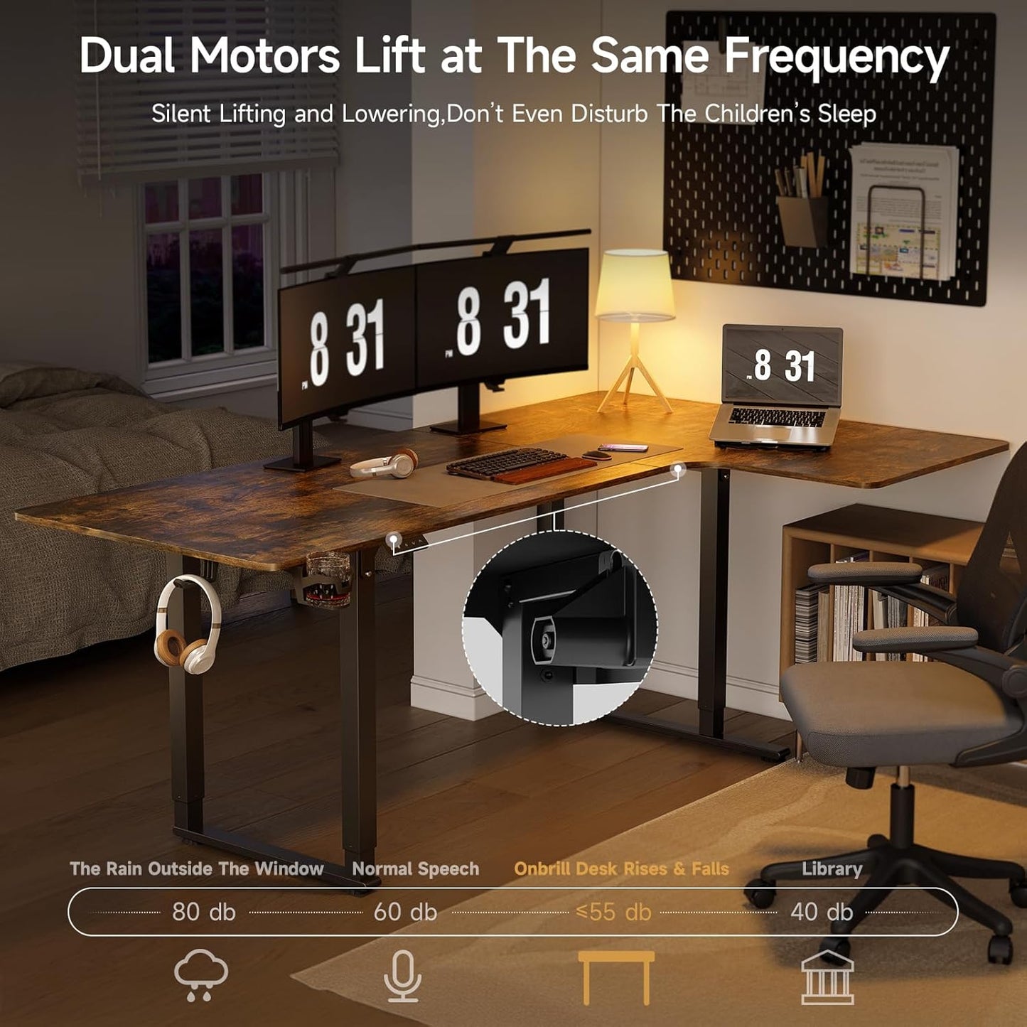 L Shaped Standing Desk, 71x43 Inches Electric L Stand Up Desk with 4 Legs, Dual Motor and Memory Controller, Adjustable Height from 28-46 Inches for Home and Computer Workstation, Rustic Brown