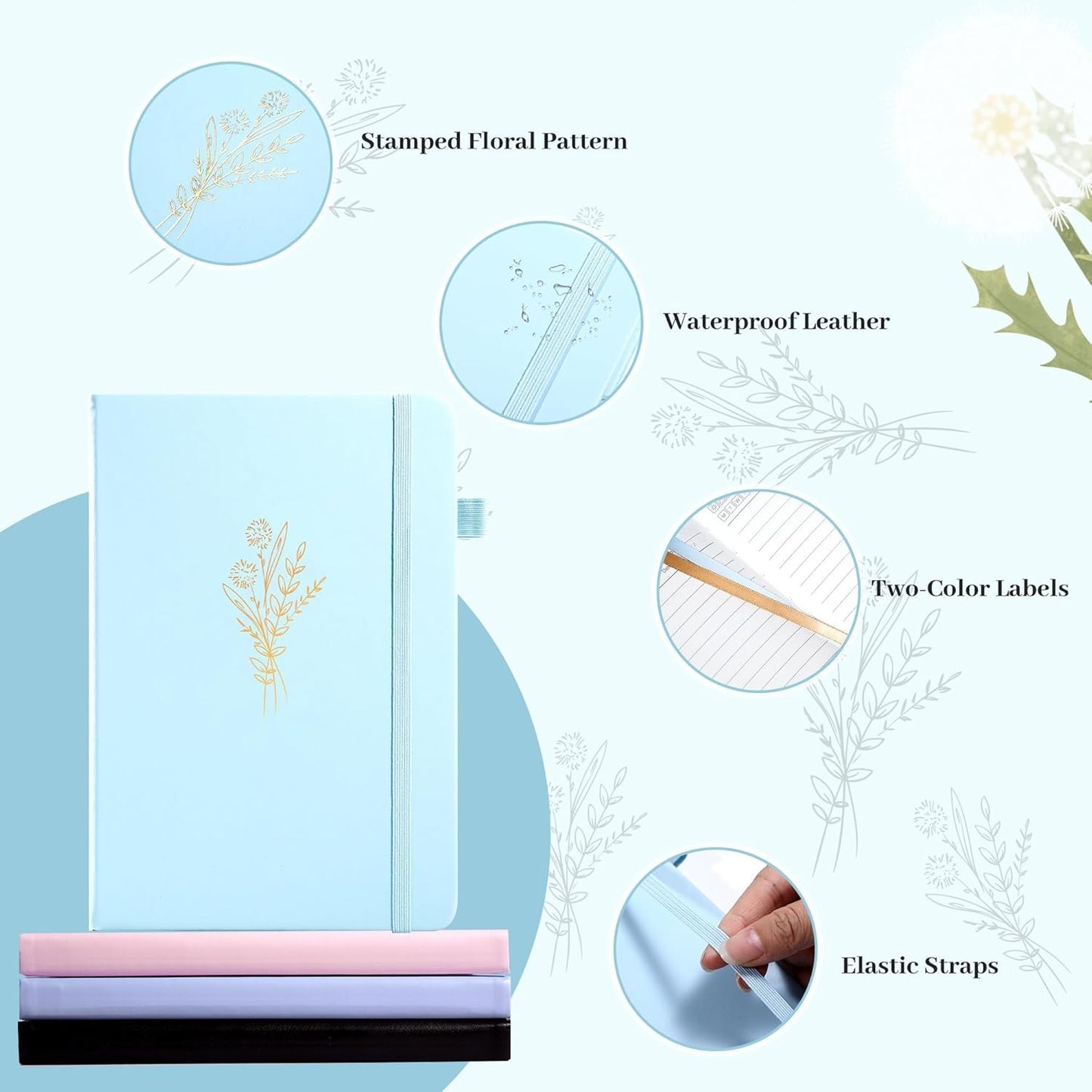 MINICAGIE 2 Pack Lined Journal Notebook for Women Cute Leather Journals for Writing Aesthetic Floral Diary 192 Pages A5 Hardcover Journaling Notebooks with Pen Loop, Blue, Pink