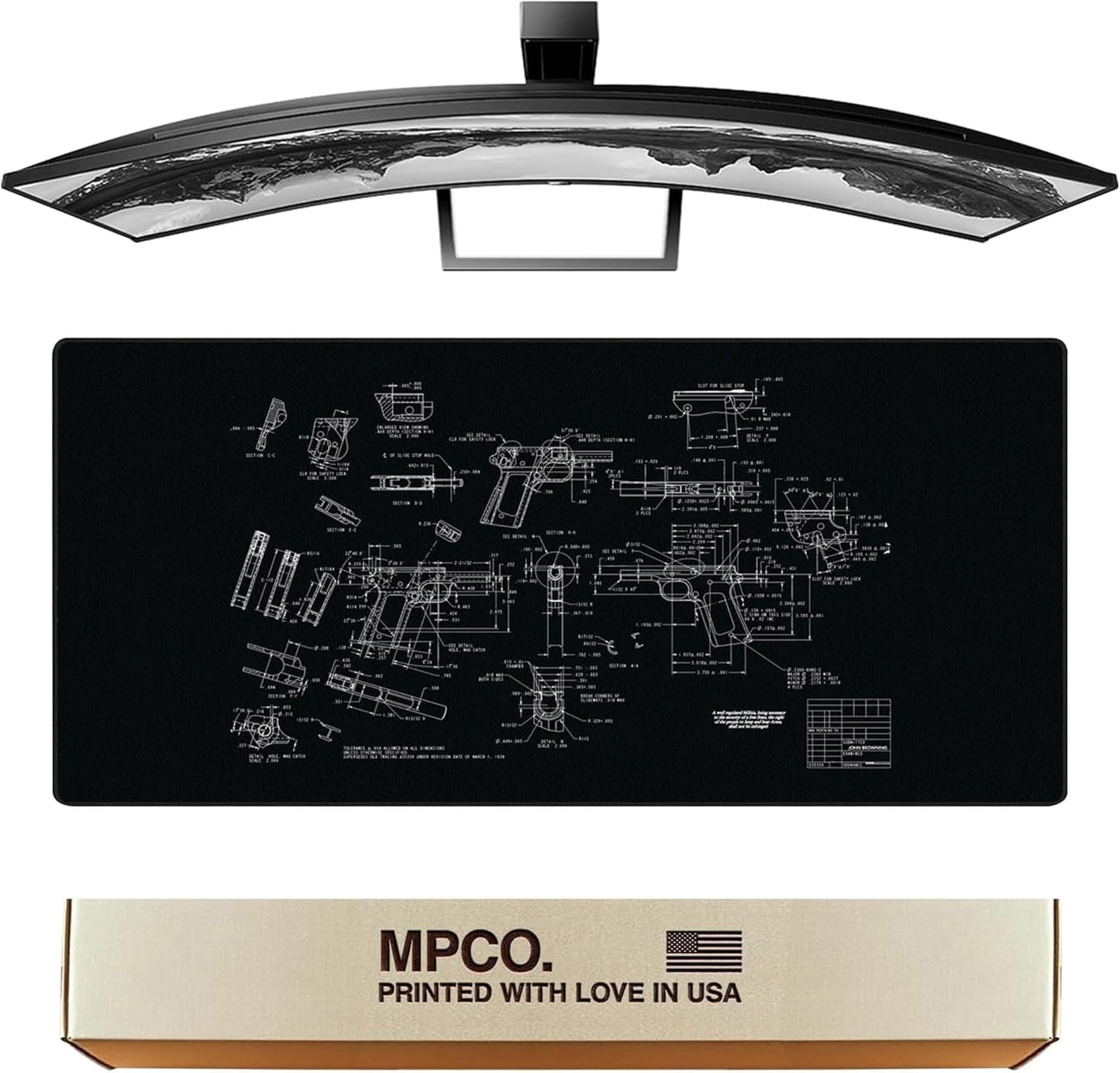 MPCO. Blueprints Large Gaming Desk Pad - 36" x 17" Duraglyde Fabric Browning 1911 – Black Desk Mats - Non-Slip, Washable, Smooth Glide for Precision Gaming & Work
