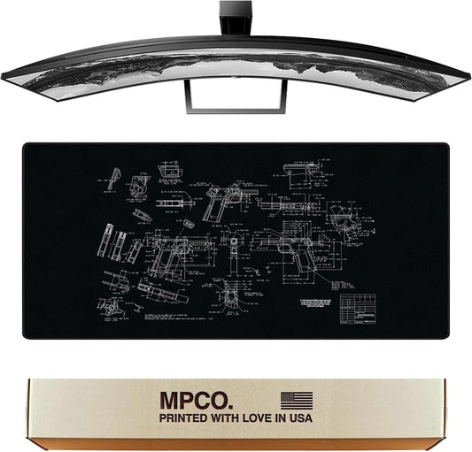 MPCO. Blueprints Large Gaming Desk Pad - 36" x 17" Duraglyde Fabric Browning 1911 – Black Desk Mats - Non-Slip, Washable, Smooth Glide for Precision Gaming & Work
