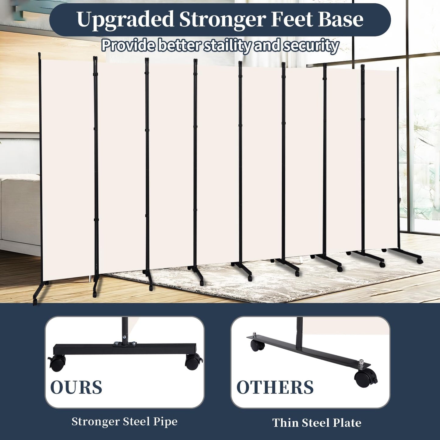 Room Divider Folding Privacy Screens with Lockable Wheels, 176'' Fabric Partition Room Dividers Freestanding Room Divider Panel for Room Separation, Wall Divider for Home Office Bedroom Studio Decor