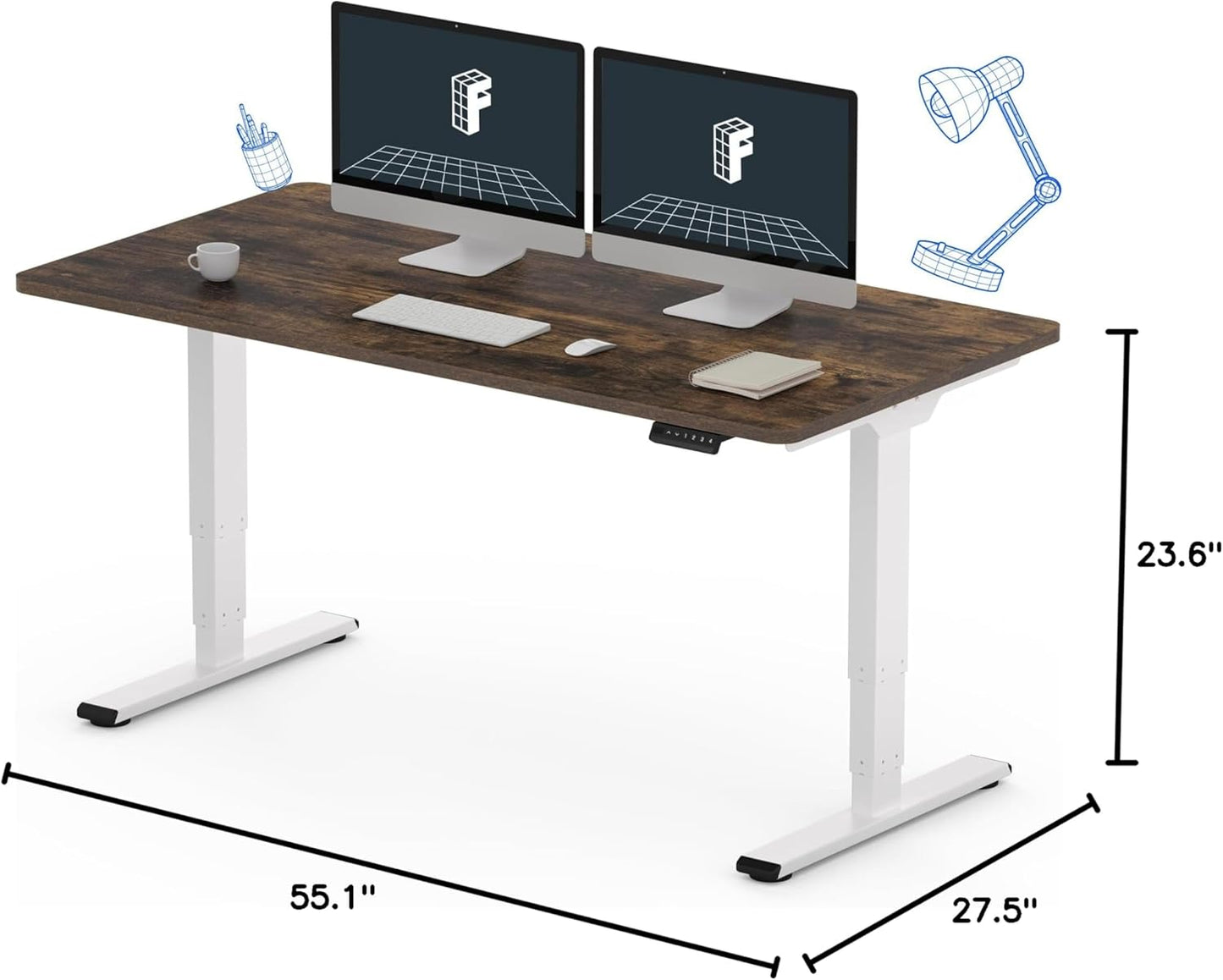 FLEXISPOT E6 Essential 3 Stages Dual Motor Electric Standing Desk 55x28 Inch Whole-Piece Board Height Adjustable Electric Sit Stand Desk(White Frame + Special Walnut Desktop, 2 Packages)
