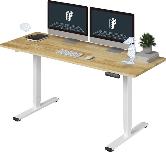 FLEXISPOT E6 Essential Solid Rubber Wood 3 Stages Dual Motor 63x24 Inch Electric Height Adjustable Standing Whole-Piece Board Desk Sit Stand Up Desk (White Frame + Solid Wood Desktop)