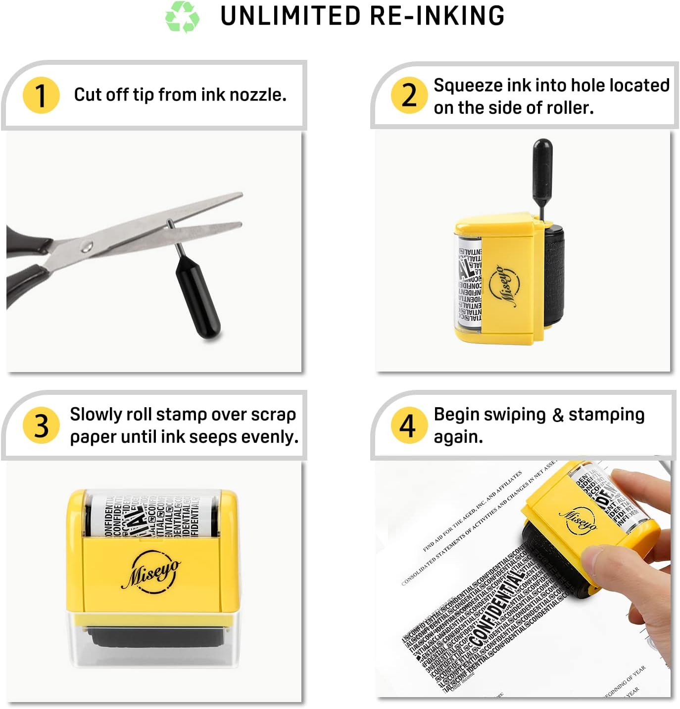 Miseyo Wide Roller Stamp Identity Theft Stamp 1.5 Inch Perfect for Privacy Protection - 3Pack Set (Yellow)