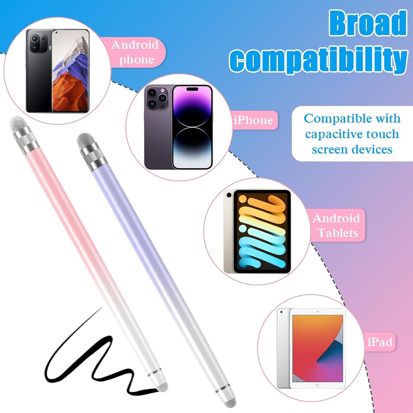 2PCS Stylus Pens for Touch Screens,Stylus Pen for iPhone/iPad/Tablet Android/Microsoft Surface,Compatible with Touch Screens(White Pink/White Purple)