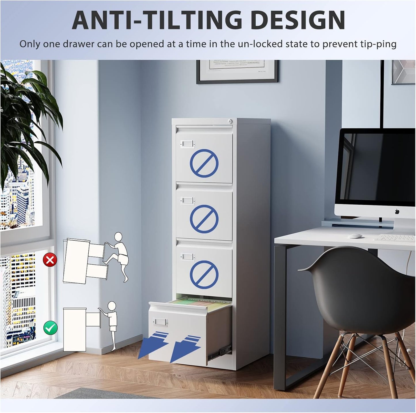 4 Drawer File Cabinet, Filing Cabinets for Home Office, Metal Vertical File Storage Cabinet with Lock, Locking File Cabinet for A4 Legal/Letter, 15" W x 17.7" D x 50.1" H, Assembly Required