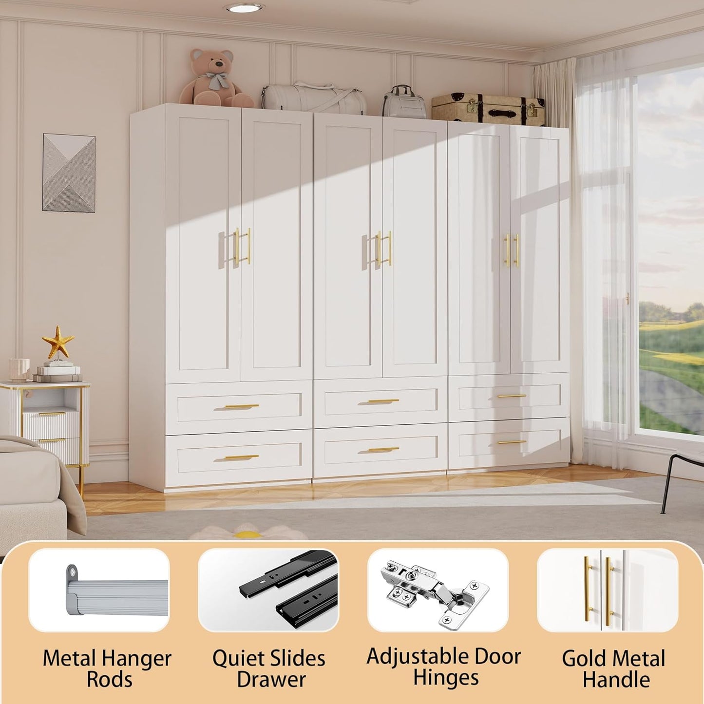 White Wardrobe with 2 Doors: 75" Tall Armoire Wardrobe Closet with 2 Drawers, Bedroom Closet Cabinet for Hanging Clothes, Wooden Storage Armoire with Shelves (Contemporary, 3)