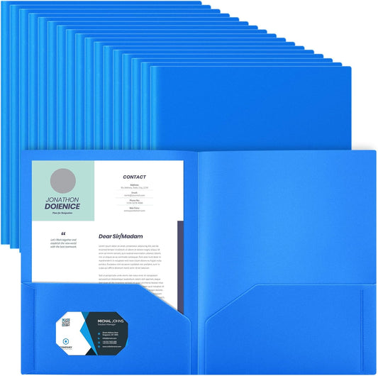 Gueevin 50 Pcs Plastic Folders with Pockets, Back to School Two Pocket Folder Fit Letter Size, Heavy Duty School Business Card Holder for Home Office, 11. 61 x 9. 45 Inches (Blue)