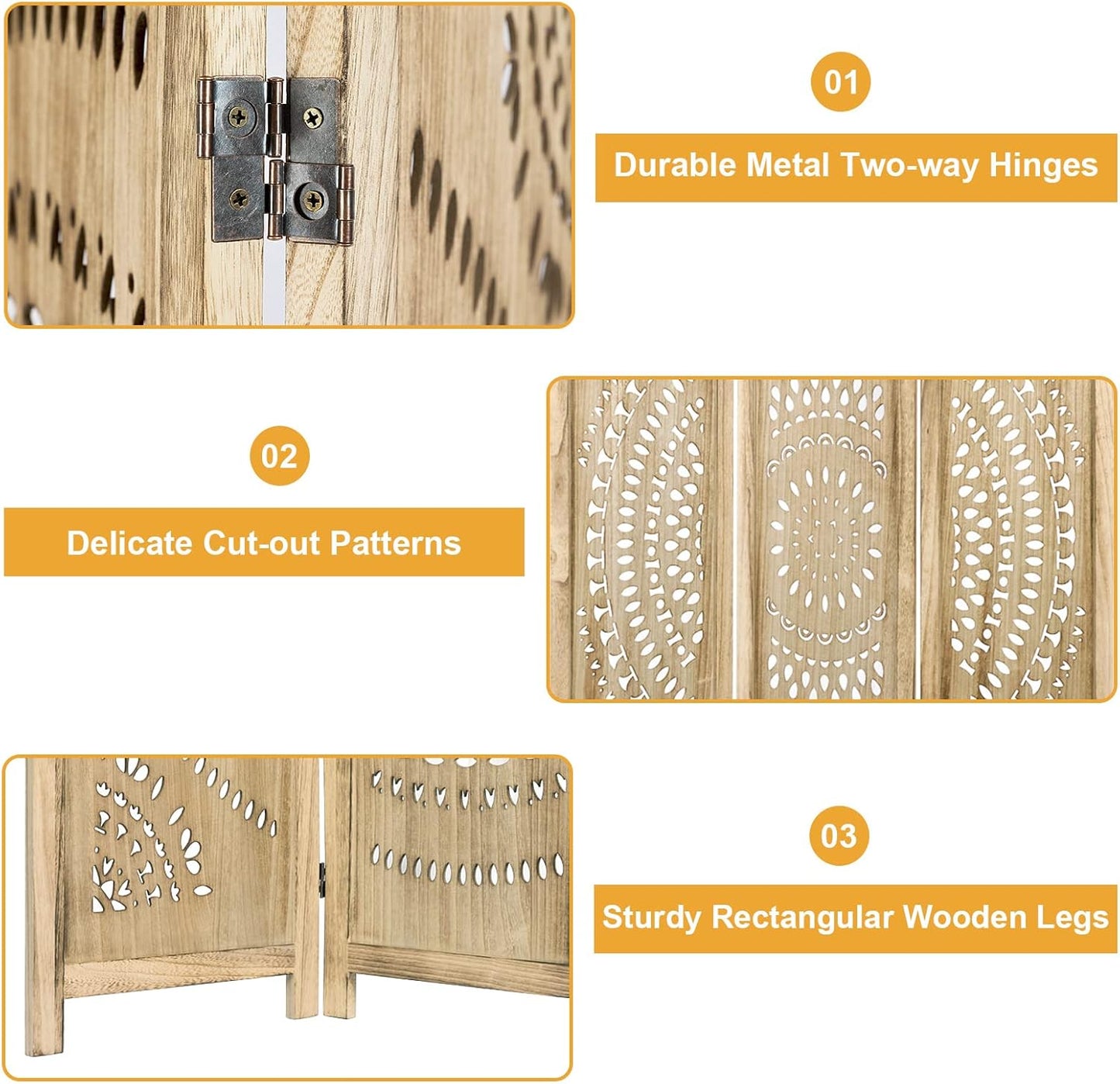 3 Panel Handcrafted Carved Room Divider Screen, 360° Adjustable Wood Folding Privacy Screens for Room Separation, 66.9 Inch Partition Room Dividers for Home Bedroom Office, Natural