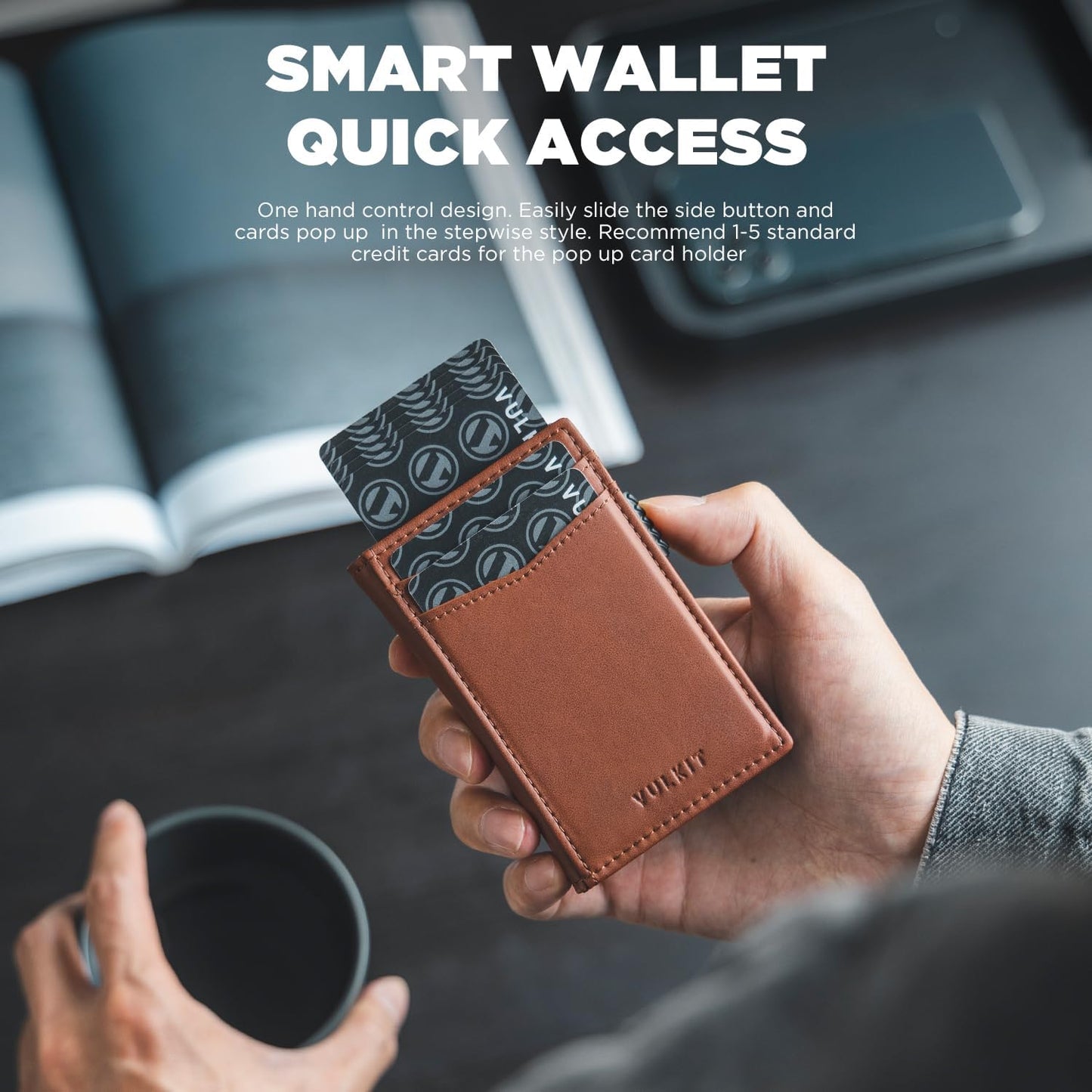 VULKIT Men's Wallet with ID Window Premium Leather Wallets RFID Blocking Minimalist Wallet Pop Up Card Holder Magnetic Closure