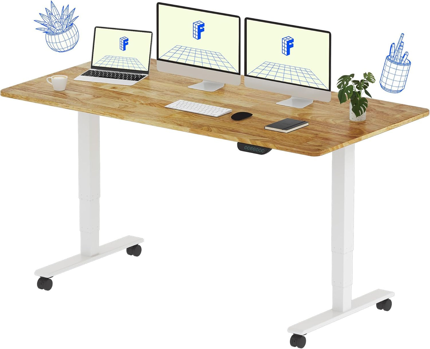 FLEXISPOT E6 MAX Rubber Wood Dual Motor 3 Stages Standing Desk 63x24 Inch Whole-Piece Board Electric Height Adjustable Stand Up Desk 150KG Load Capacity(White Frame + Rubber Wood Desktop)