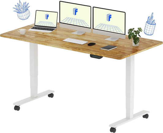 FLEXISPOT E6 MAX Rubber Wood Dual Motor 3 Stages Standing Desk 63x24 Inch Whole-Piece Board Electric Height Adjustable Stand Up Desk 150KG Load Capacity(White Frame + Rubber Wood Desktop)