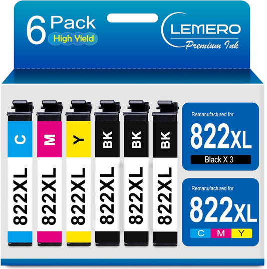 LEMERO 822XL Ink Cartridges Remanufactured for Epson 822XL Ink Cartridges Combo Pack 822 822XL for Workforce Pro WF-3820 WF-3823 WF-4820 WF-4830 WF-4833 Printer (3 Black 1 Cyan 1 Magenta 1 Yellow)