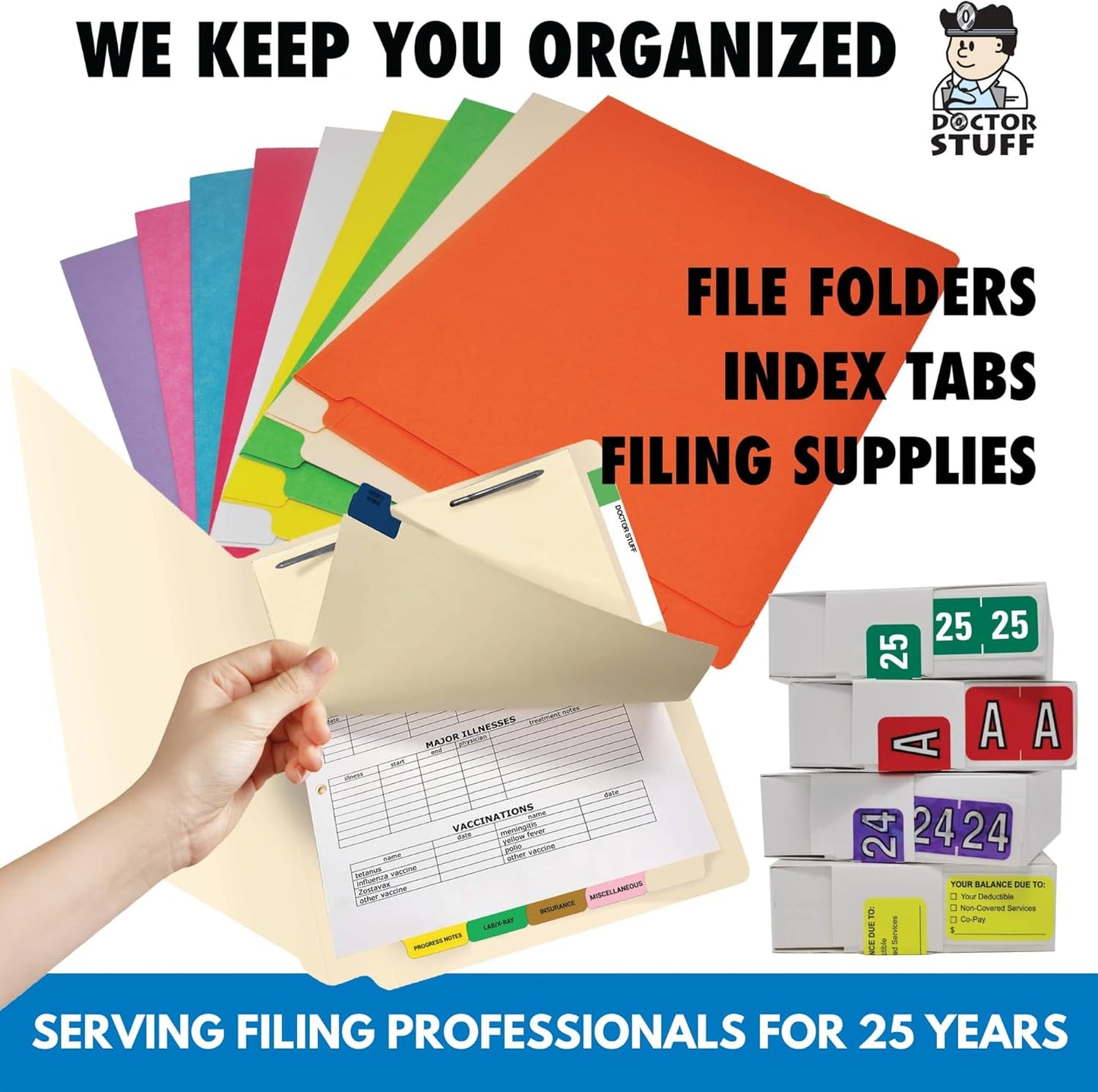 Doctor Stuff - File Folder Labels, Alphabet Letter, Complete Set A-Z Plus Mc, with Tray, Compatible with Smead BCCR/BCCS - TPAM Series Alpha Stickers 1" x 1-1/4", 500/Roll