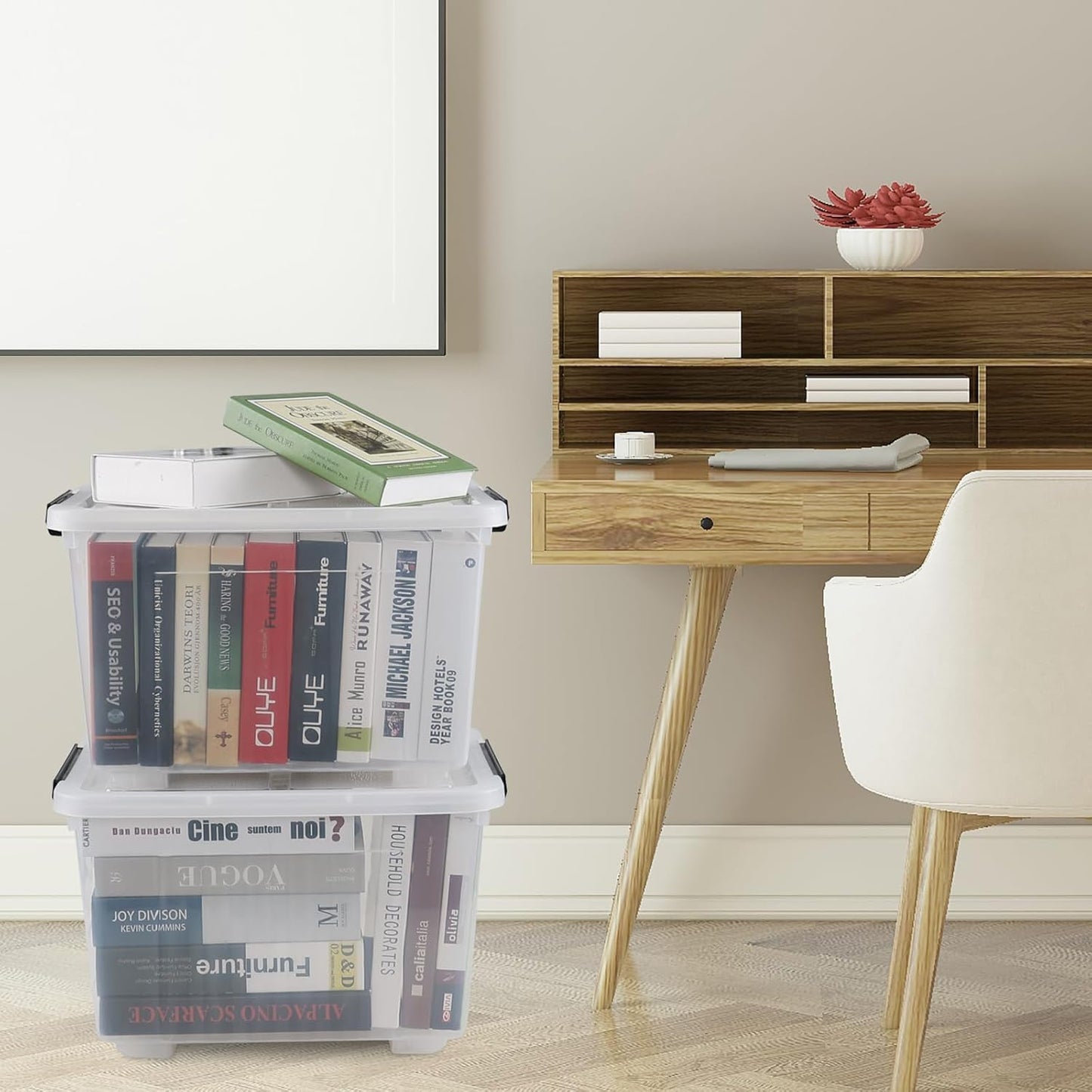 Wekioger Set of 4 Plastic Storage Box on Wheels, 32 Quart Latch Storage Container Bin, Clear