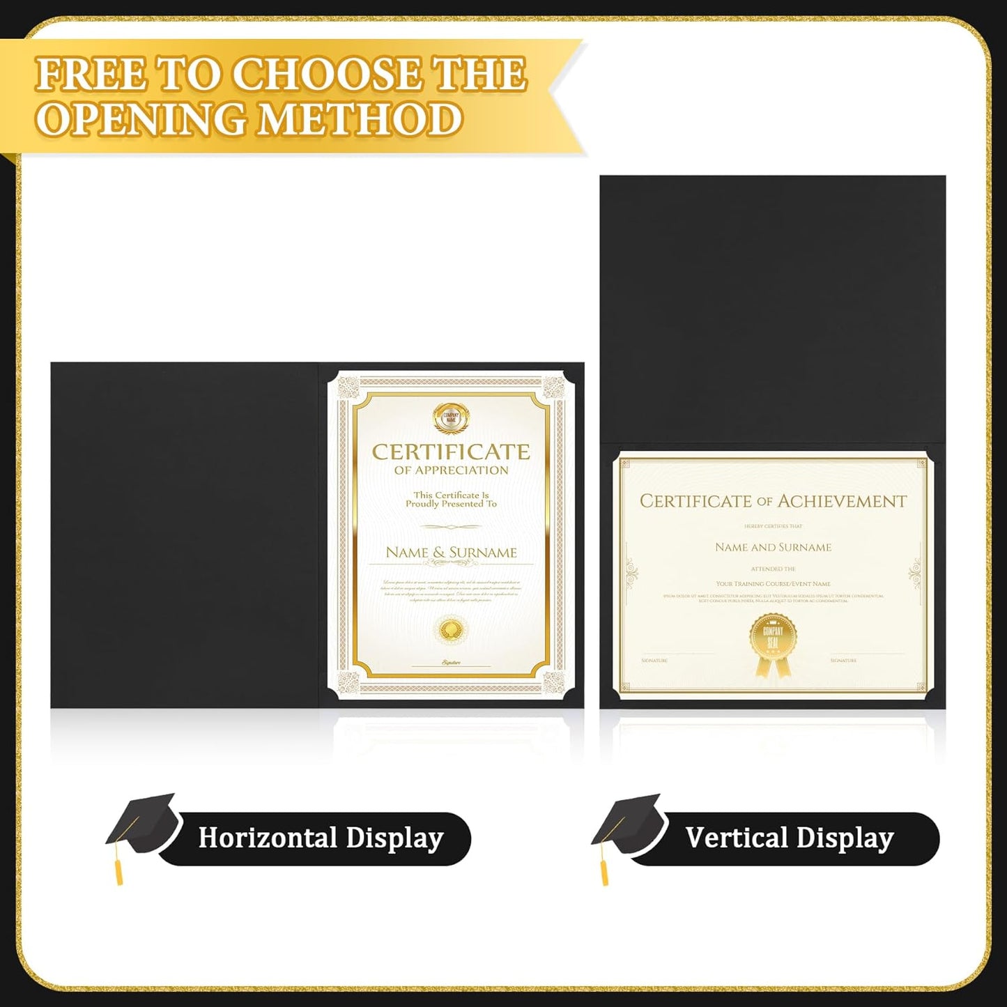 Ndsox 90 Packs Black Certificate Holders, Graduation Diploma Holders, 350GSM, Diploma Covers with Gold Foil Border for Letter Size 8.5" x 11" Award Certificate Paper, Cardstocks and Documents