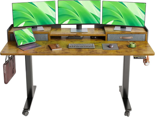 Claiks Standing Desk with Drawers, Adjustable Stand Up Electric Standing Desk Adjustable Height with Storage Shelf and Splice Board, 63 Inch, Rustic Brown