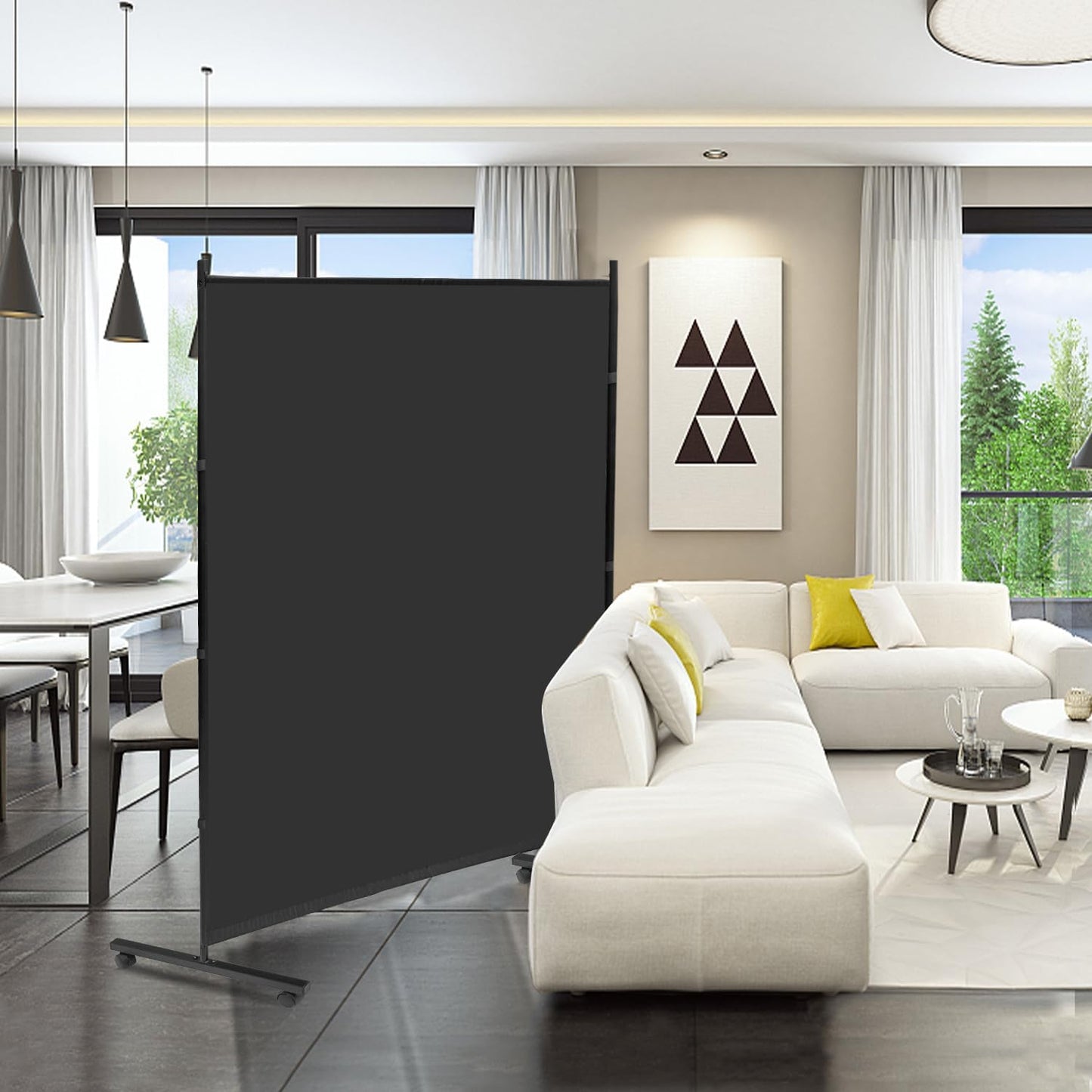 MAYOLIAH Large Single Panel Room Divider on Wheels, 71”W x 75”H Rolling Privacy Screen, Portable Wall Divider for Home Office Partition, Black