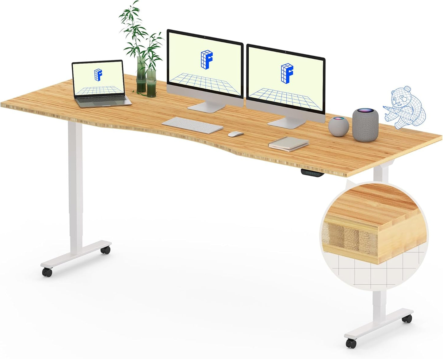 FLEXISPOT E6 MAX Bamboo Dual Motor 3 Stages Standing Desk 78x30 Inch Whole-Piece Board Electric Height Adjustable Stand Up Desk 150KG Load Capacity(White Frame + Bamboo Curved Desktop)