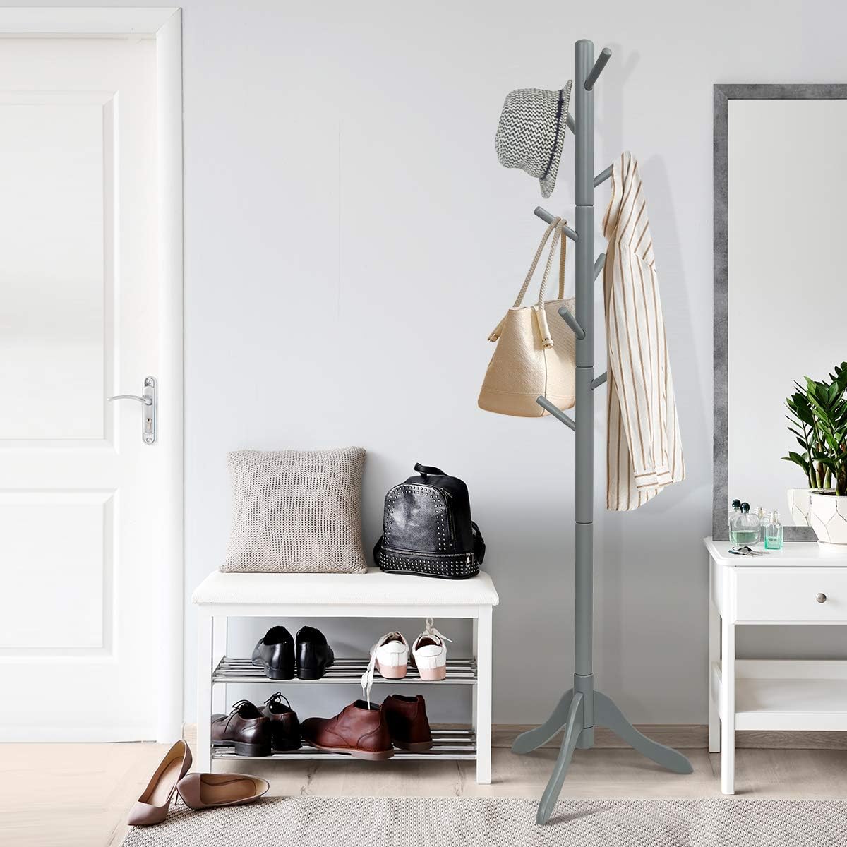 Tangkula Wooden Tree Coat Rack Freestanding, Entryway Coat Stand with 8 Hooks, Height Adjustable Coat Tree, Coat Hanger Stand for Home Office Hall Entryway