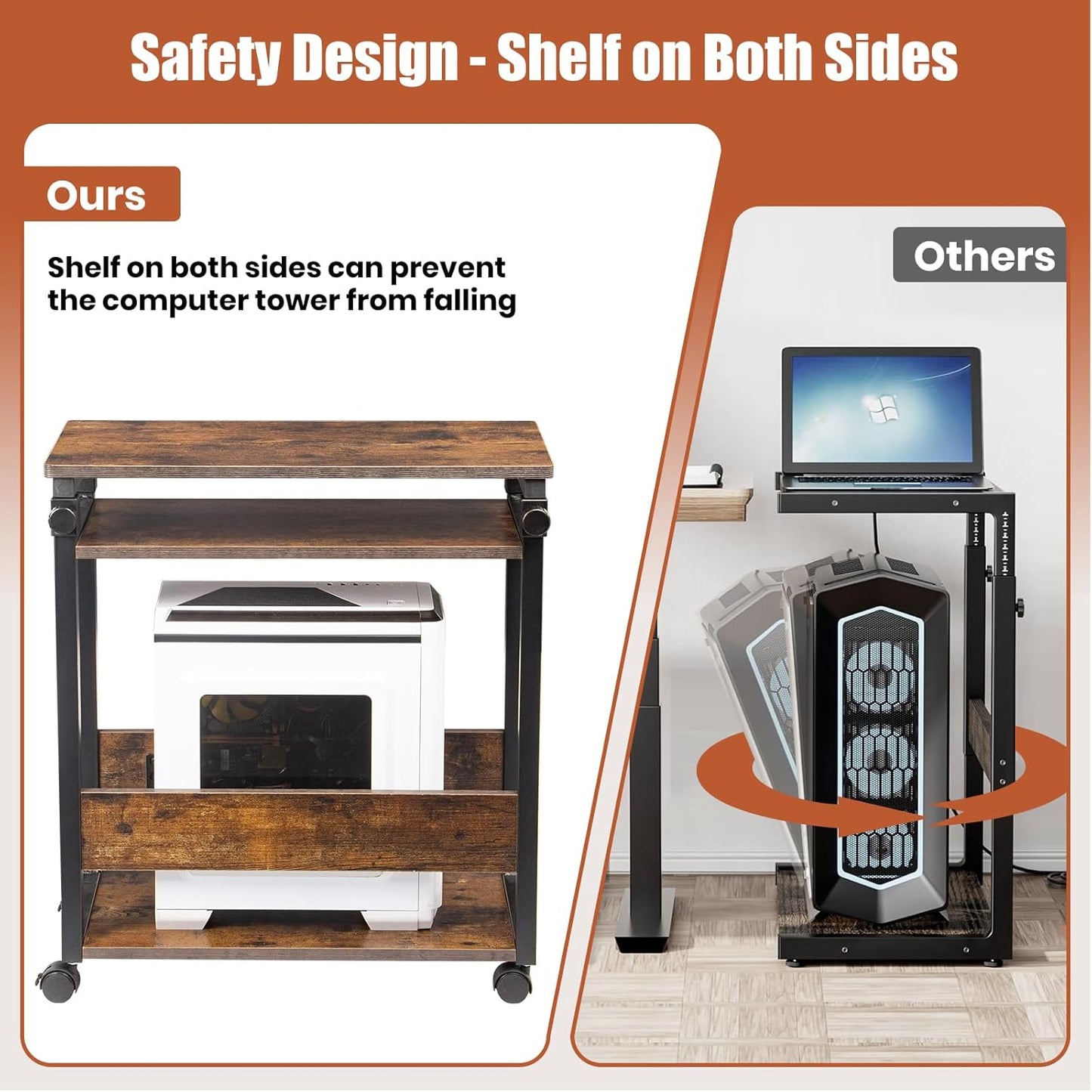 Height Adjustable Computer Tower Stand, Computer & Machine Carts, PC Tower Stand, Printer Stands with Wheels, 24" W x 12" D x 23"-38" H, Holds Up to 132 lbs (Fits Tower Lower Than 19")