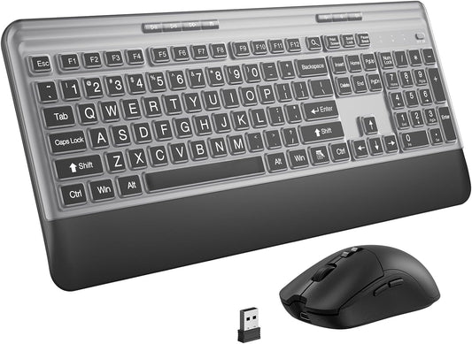 Silent Wireless Keyboard and Mouse Combo - Keyboard with Large Print Cover, 2.4GHz Full-Sized Ergonomic Keyboard with Wrist Rest and Mouse for Laptop, PC, Notebook, Desktop