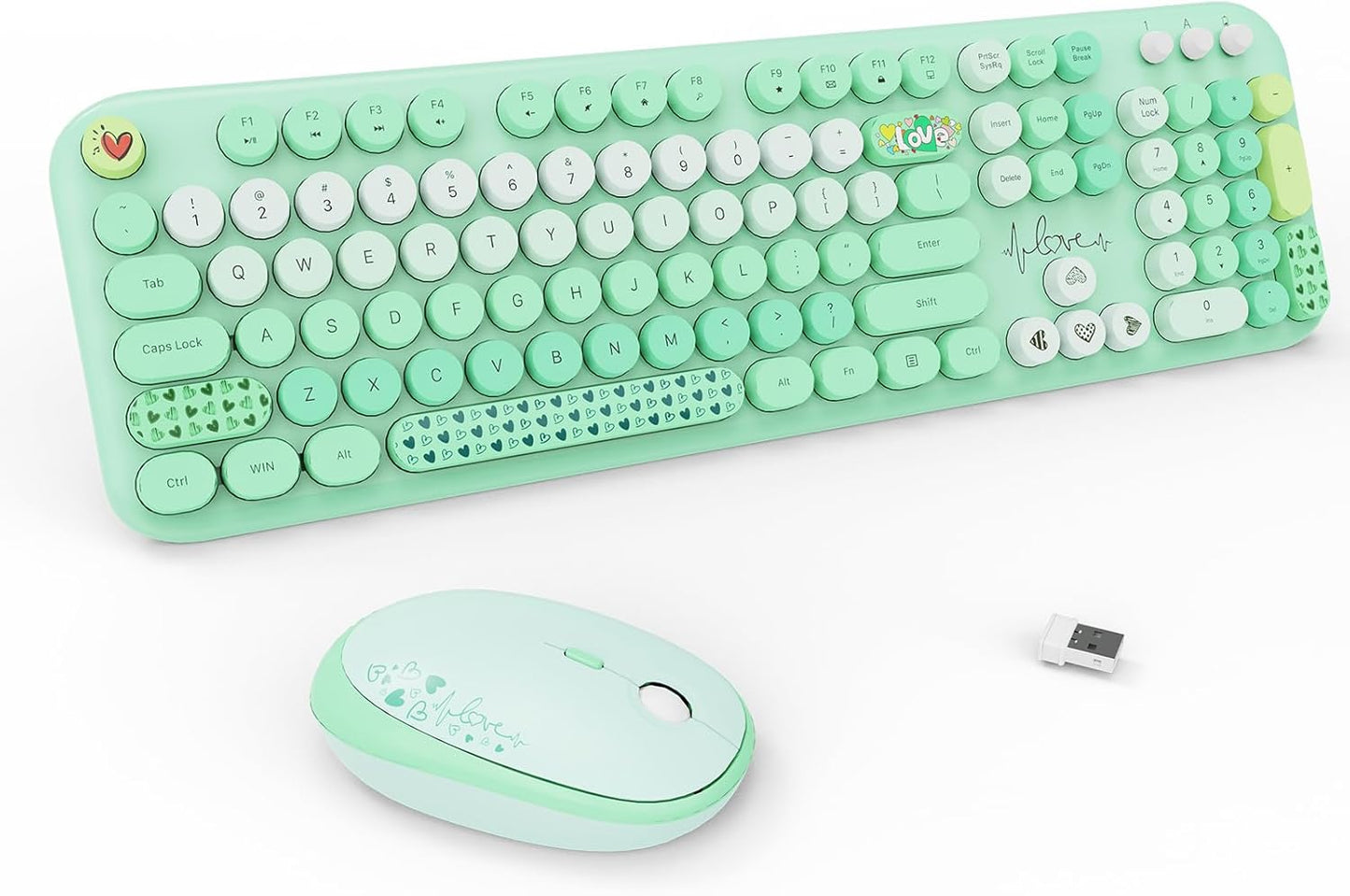 FOPETT Wireless Keyboard and Mouse Combo - 2.4G Full-Sized Cute Colorful Retro Keyboard with Round Keycaps 104 Keys Typewriter Keyboard for Laptop/Windows/PC-Green Colorful