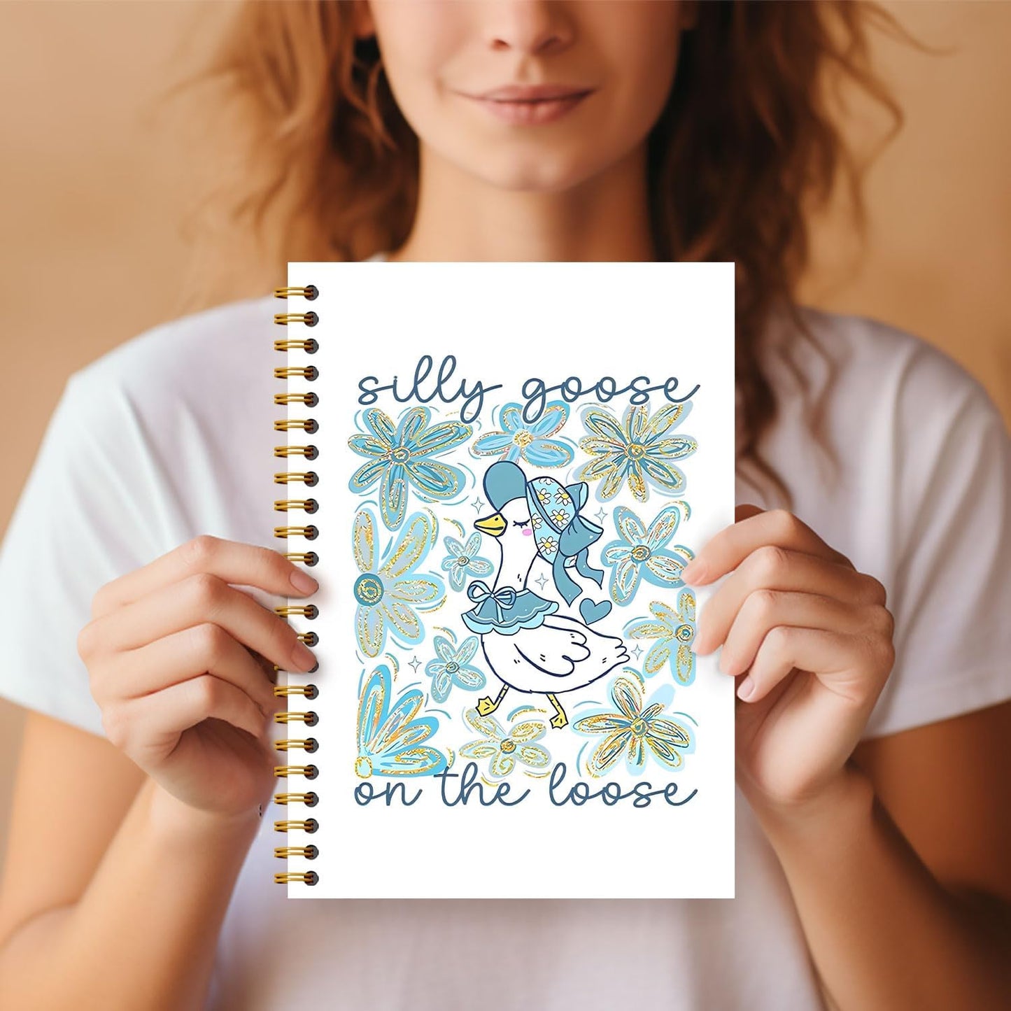 Guymn Blue Boho Floral Goose Notebook, Glitter Cute Goose Journal for Kids Girls, Geese Animal Lover Gifts Hardcover Spiral Notebooks Journals 5.5x8.3 Inch