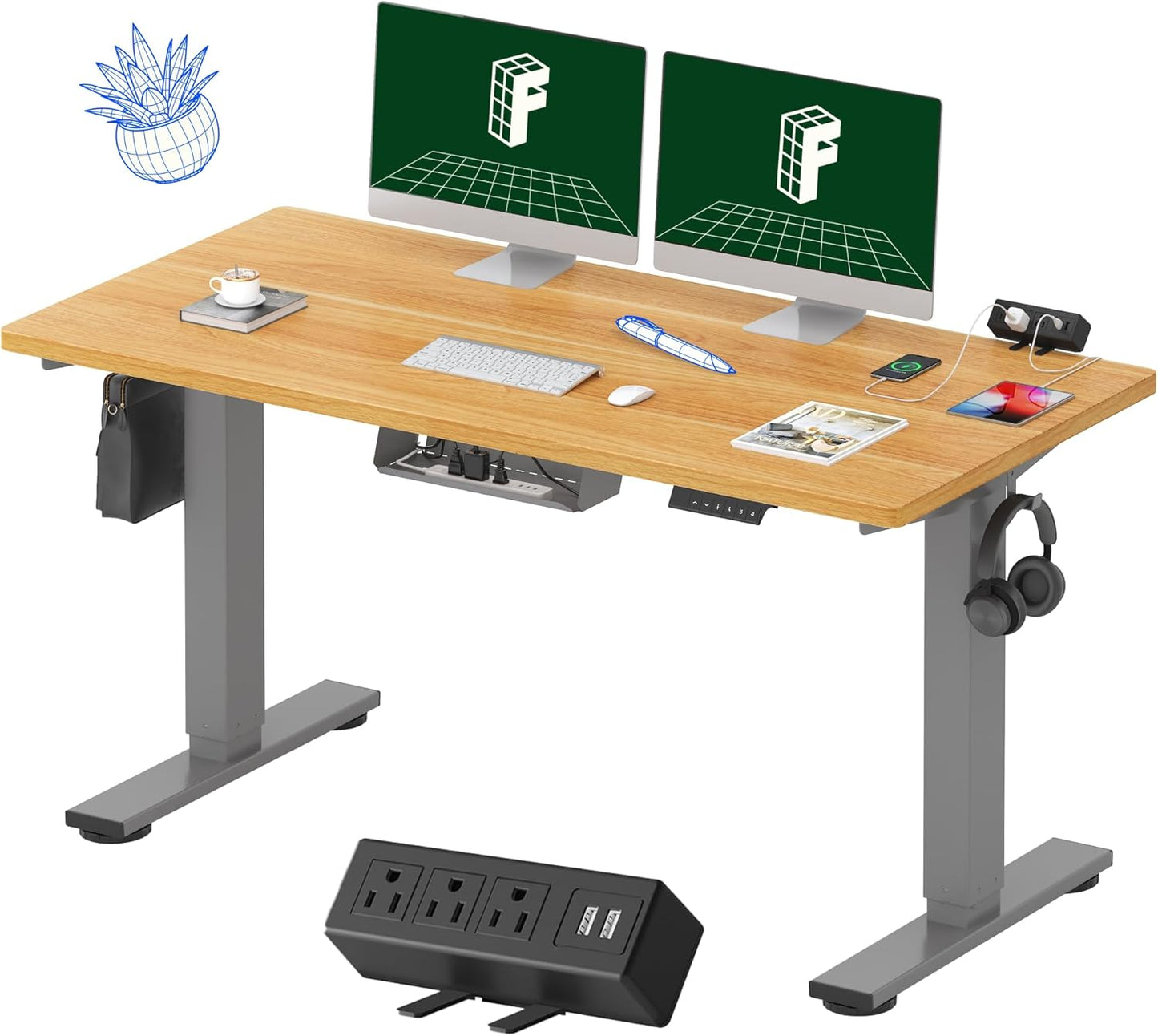 FLEXISPOT EN2 Whole-Piece Standing Desk with Clamp Power Strip, 55 x 28 Electric Stand Up Height Adjustable Desk with Cable Management (Gray Frame + 55" Maple Top, 2 Packages)