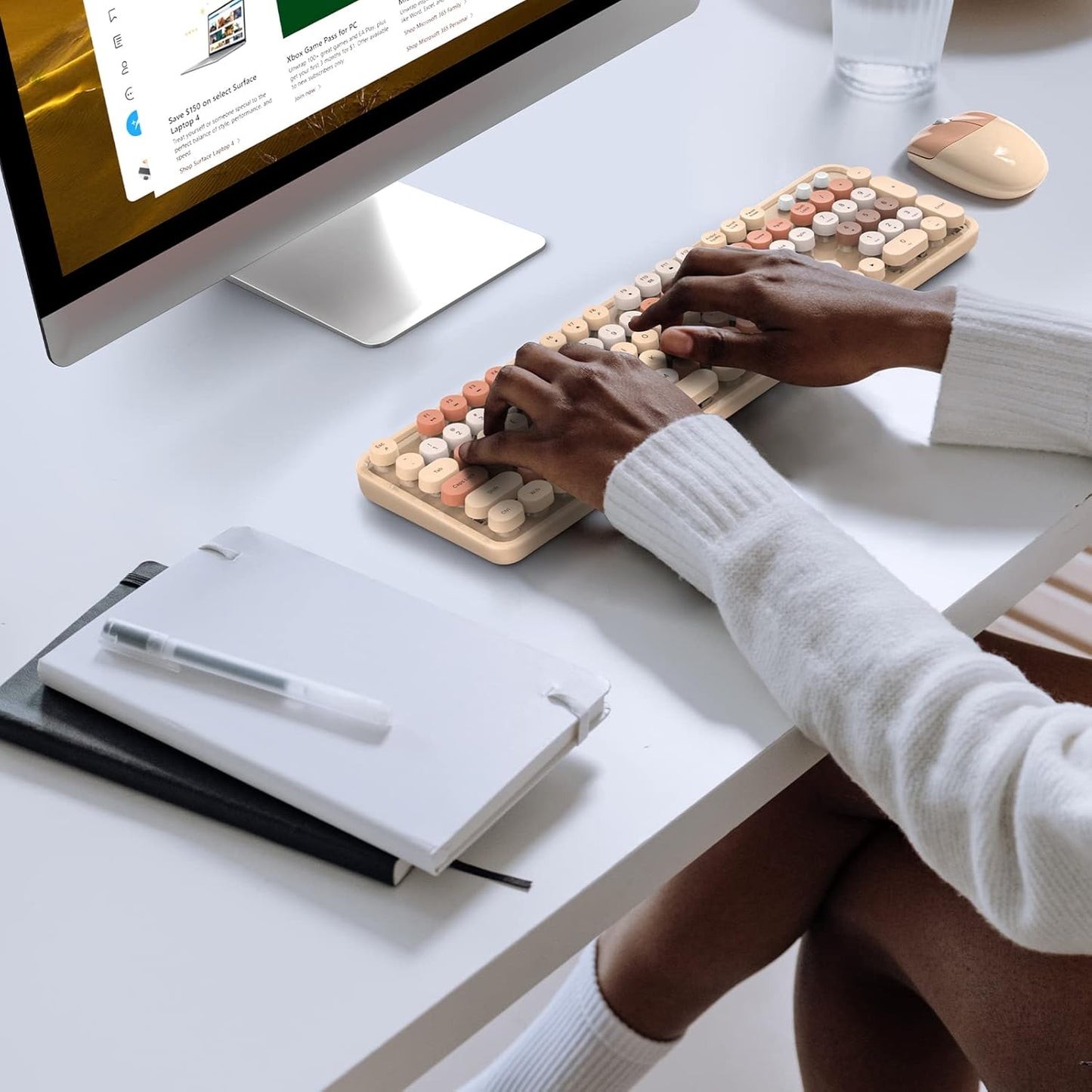 Wireless Keyboard and Mouse, 2.4Ghz USB Retro Full Size Typewriter Keyboard and Sport Car Mouse Combo for Mac, Windows 7/8/10, Laptop, Desktop, PC, Computer (Milk Tea Colorful)