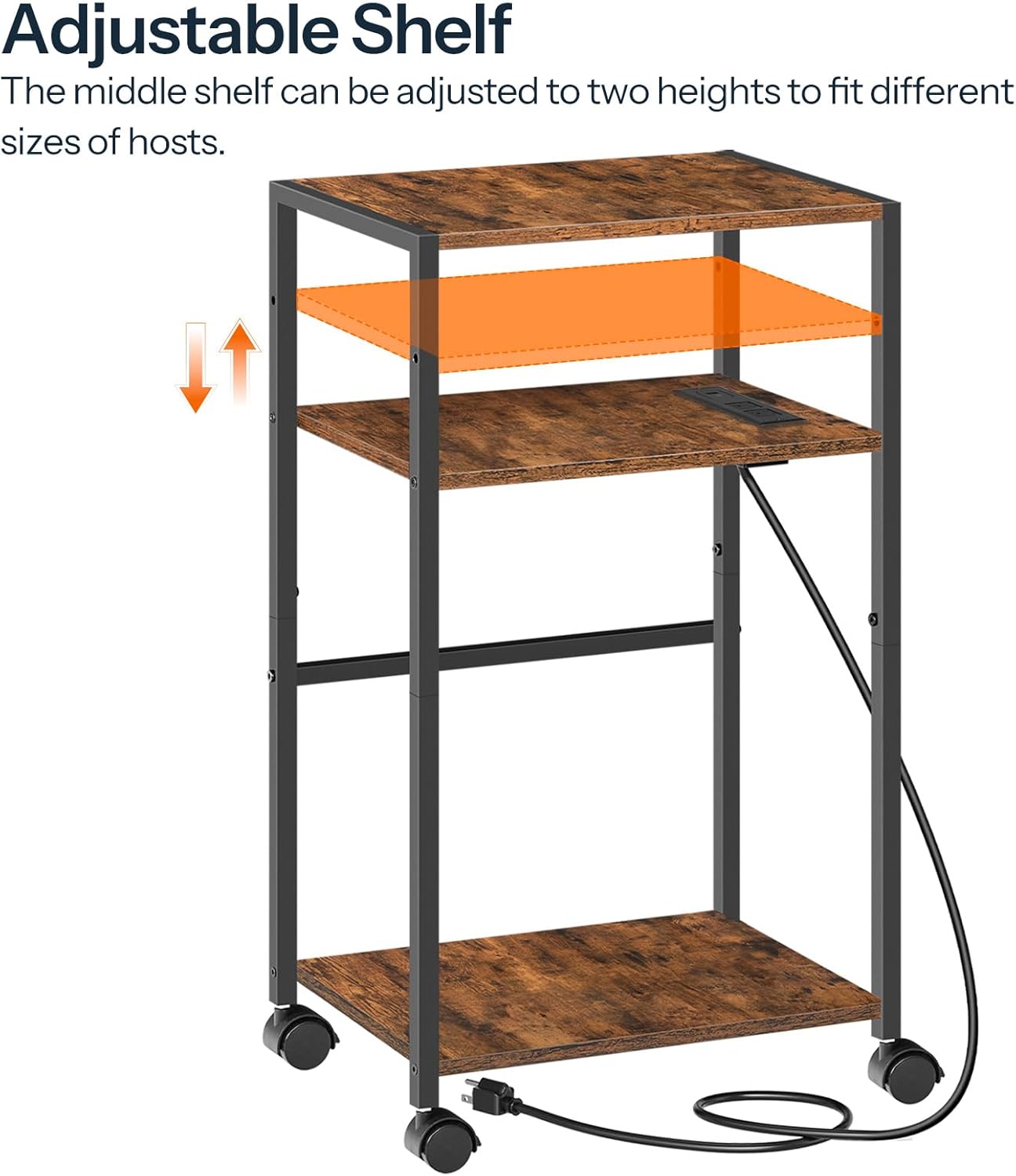 HOOBRO Computer Tower Stand, 3-Tier PC Tower Stand, PC Stand with Charging Station, Mobile CPU Stand Fits Most PC, Adjustable Shelf, for PC Tower, Printer, Home Office, Rustic Brown BF12UCJ01