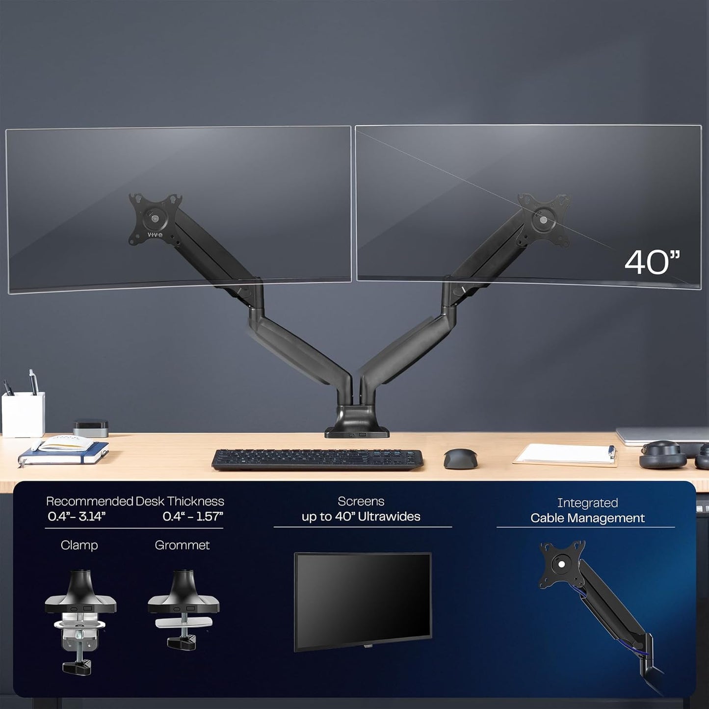 VIVO Premium Aluminum Heavy Duty Dual Monitor Arm for Ultrawide Monitors up to 40 inches and 30 lbs Each, Desk Mount Stand, Pneumatic Height, Max VESA 100x100, Black, STAND-V220Q
