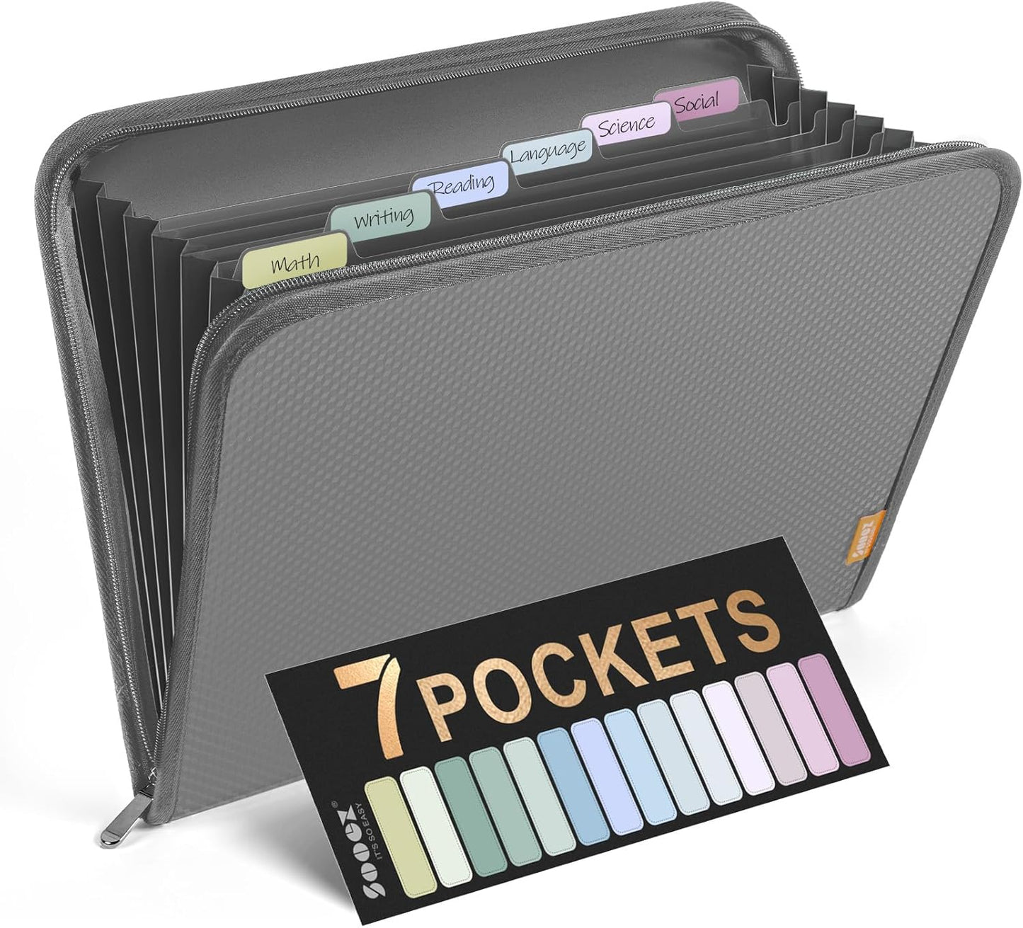 Sooez Accordion File Organizer with Safe Zipper, 7 Pockets Expanding File Folder, Heavy Duty Folder Organizer, Sleek Letter Size Accordion Folder, Portable Expandable File Folder for Documents, Grey