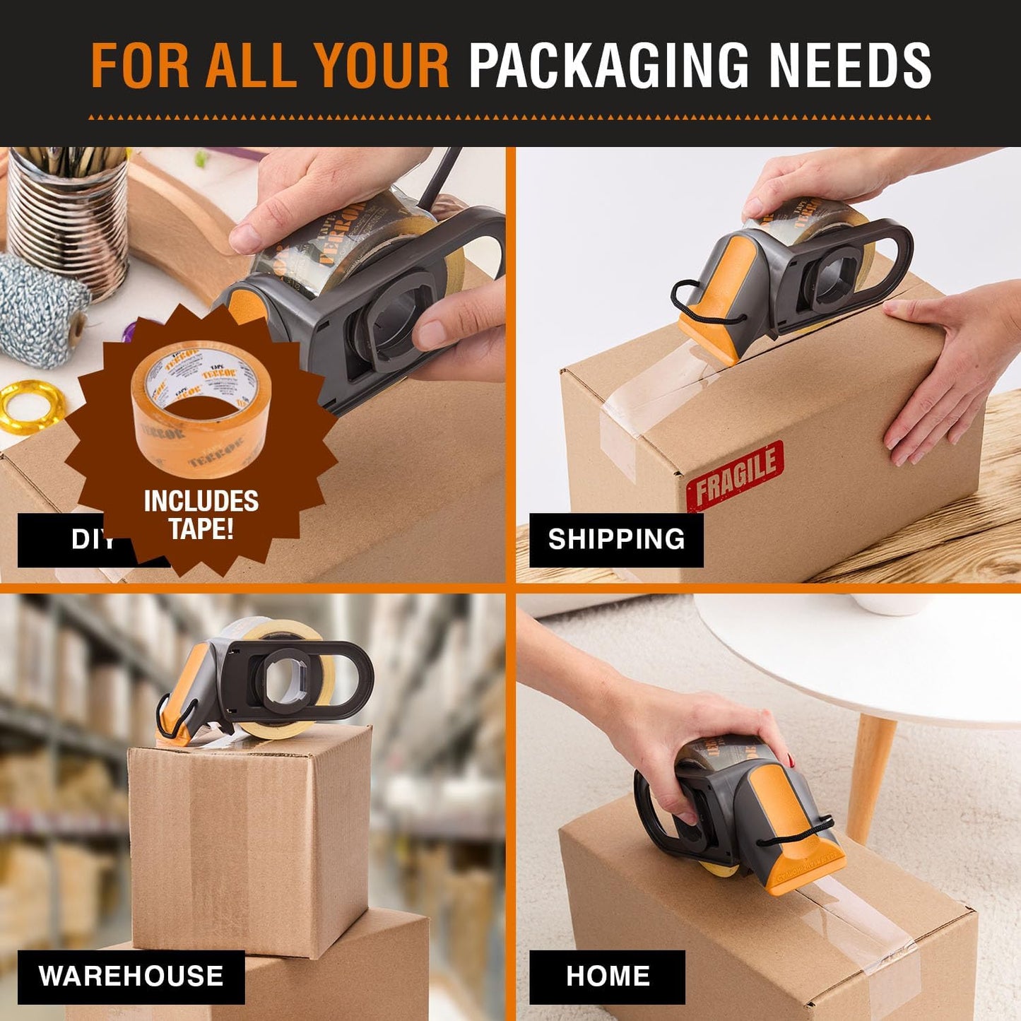 Clear Packing Tape with Dispenser (1 Roll) - Professional Grade for Boxes - Packaging, Shipping with Refillable Dispenser, Fits Standard Bulk Tapes Up to 2" Wide