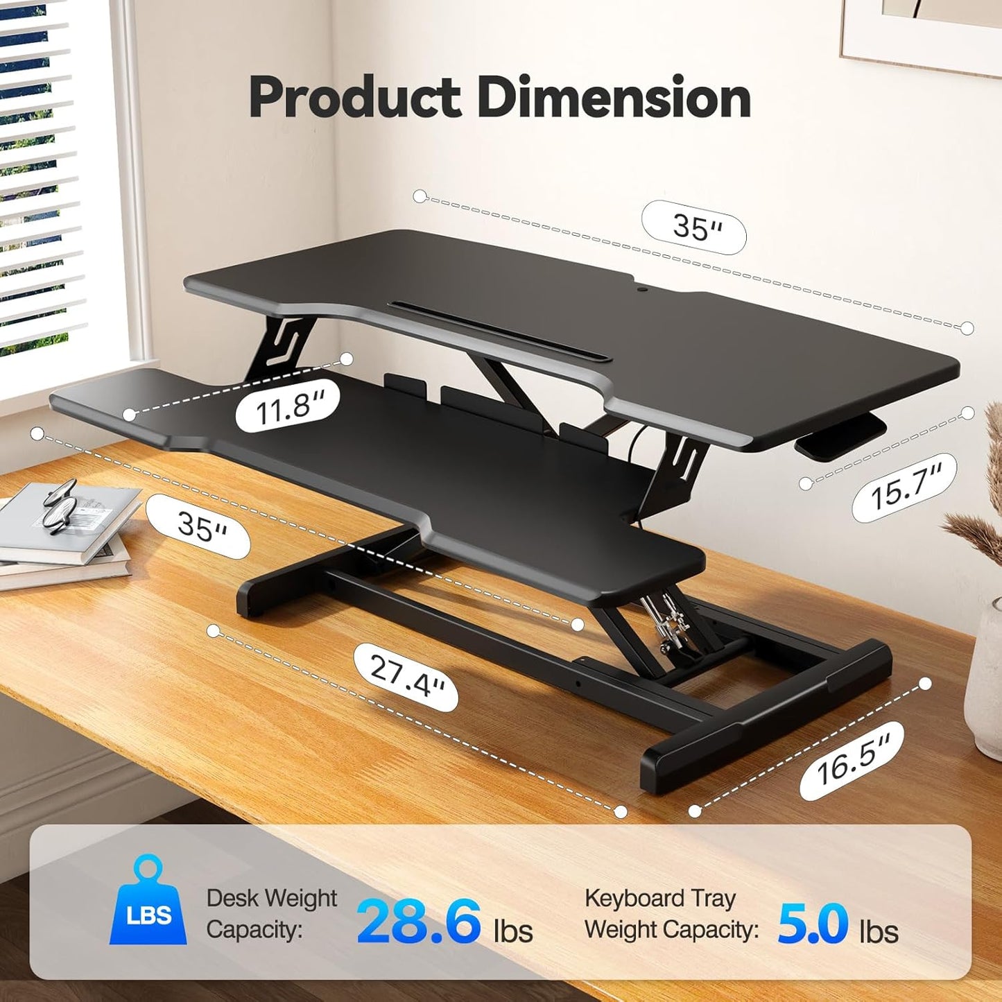 35" Standing Desk Converter, Height Adjustable Desktop Riser with Keyboard Tray for Two Monitors, Sit to Stand up Computer Workstation for Home Office, Black