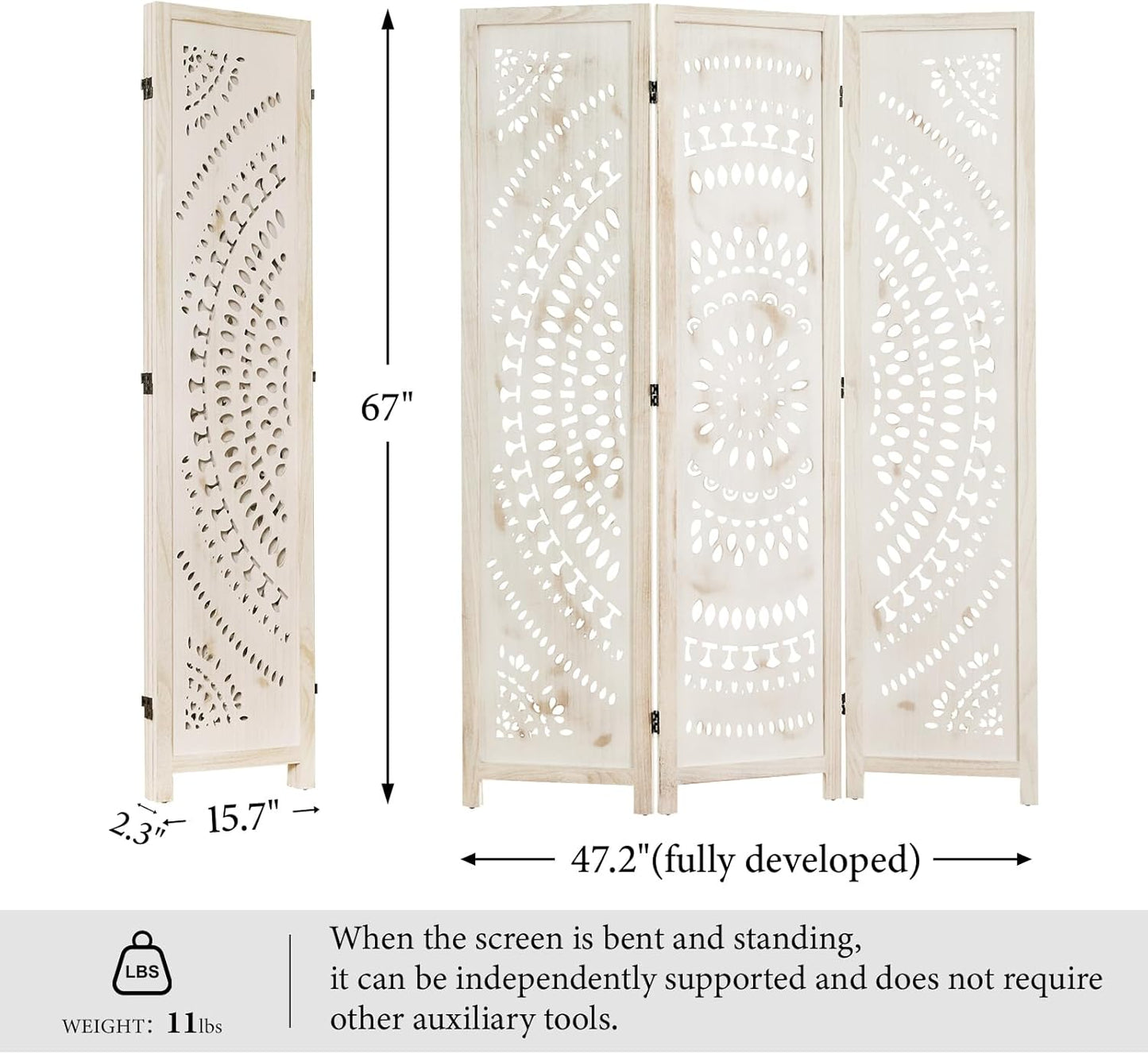 66.9Inch Folding Room Divider, 3 Panels Wood Carved Privacy Screens, Free Assembled Freestanding Partition for Home Office Restaurant Bedroom (White-Washed)